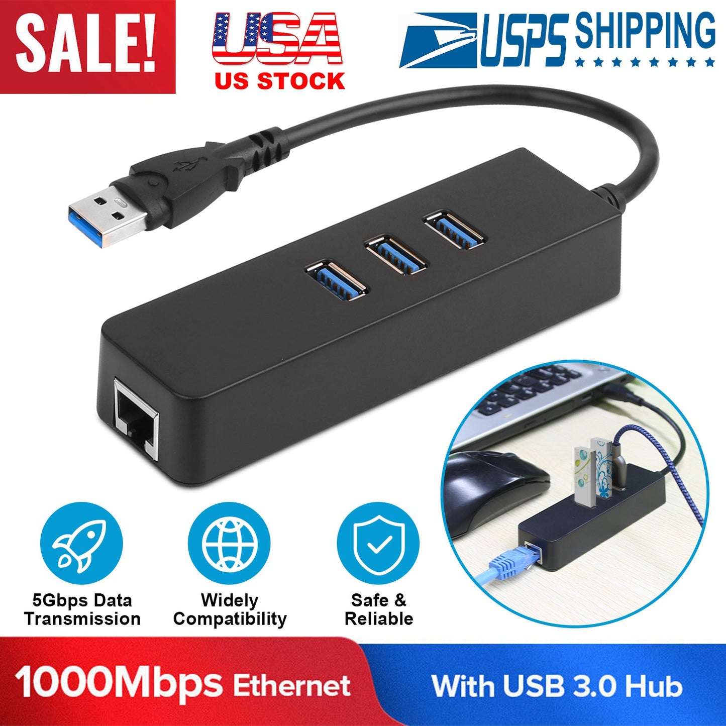 LJGelectro - 3 Ports USB 3.0 Hub Gigabit Ethernet Adapter 10/100/1000 Mbps Converter LAN RJ45 Wired USB Network Adapter