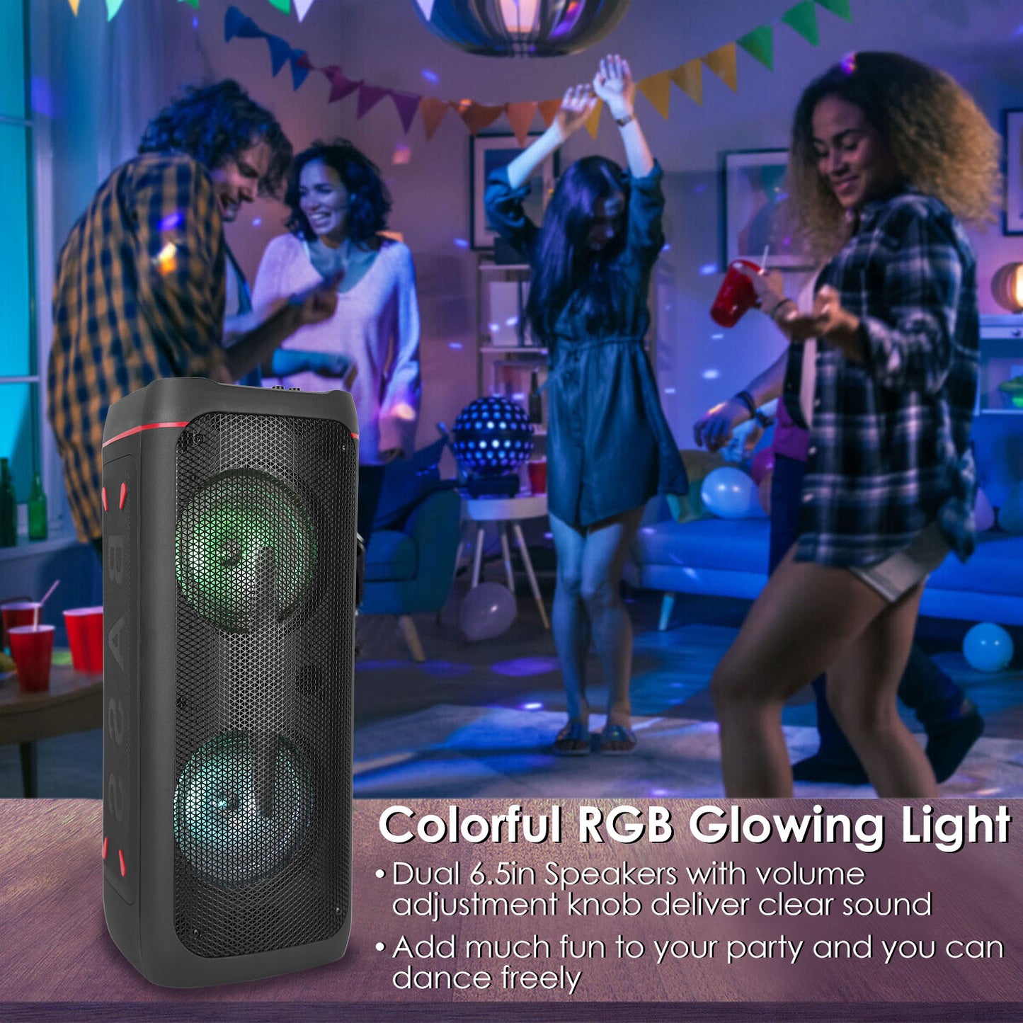 LJGelectro - Portable Wireless Party Speaker RGB Colorful Lights DJ PA System with TWS Function FM Radio USB MMC Card Reading Aux In Recording Function Mic Priorit