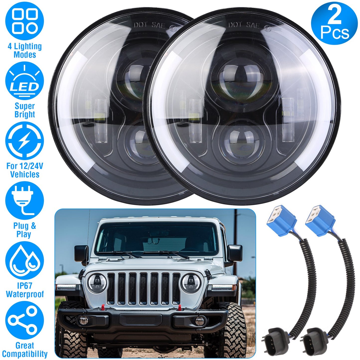 LJGelectro - 2Pcs 7In 40W Round LED Headlights 3800LM Halo Car Headlamp with DRL Turn Light High Low Beam Fit for Honda Yamaha Motorcycle Jeep Wrangler TJ JK CJ