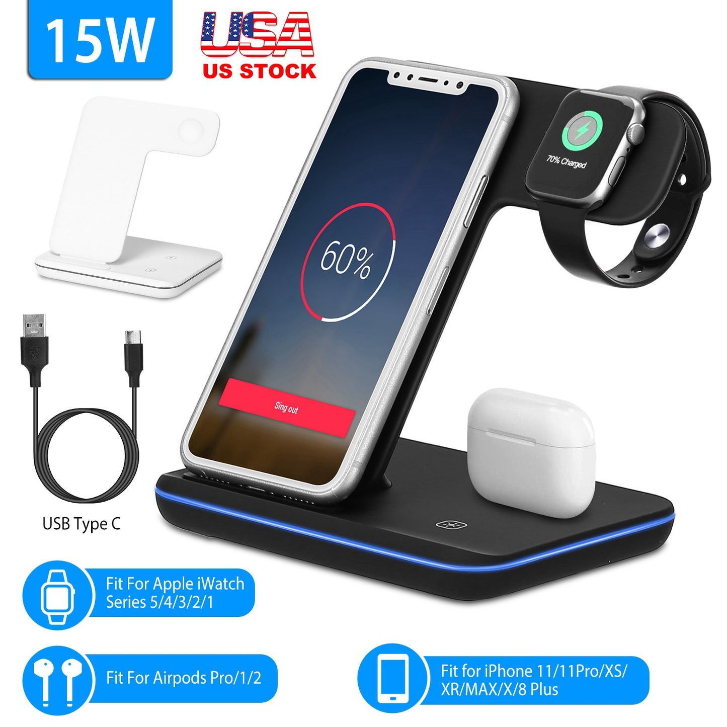 LJGelectro - Wireless Charger 3 in 1 Charger Stand 15W Fast Charging Station Dock for iWatch Series 5/4/3/2/1 AirPods iPhone 11/11 Pro/Xs/X Max/XR/X/8/8Plus Samsun