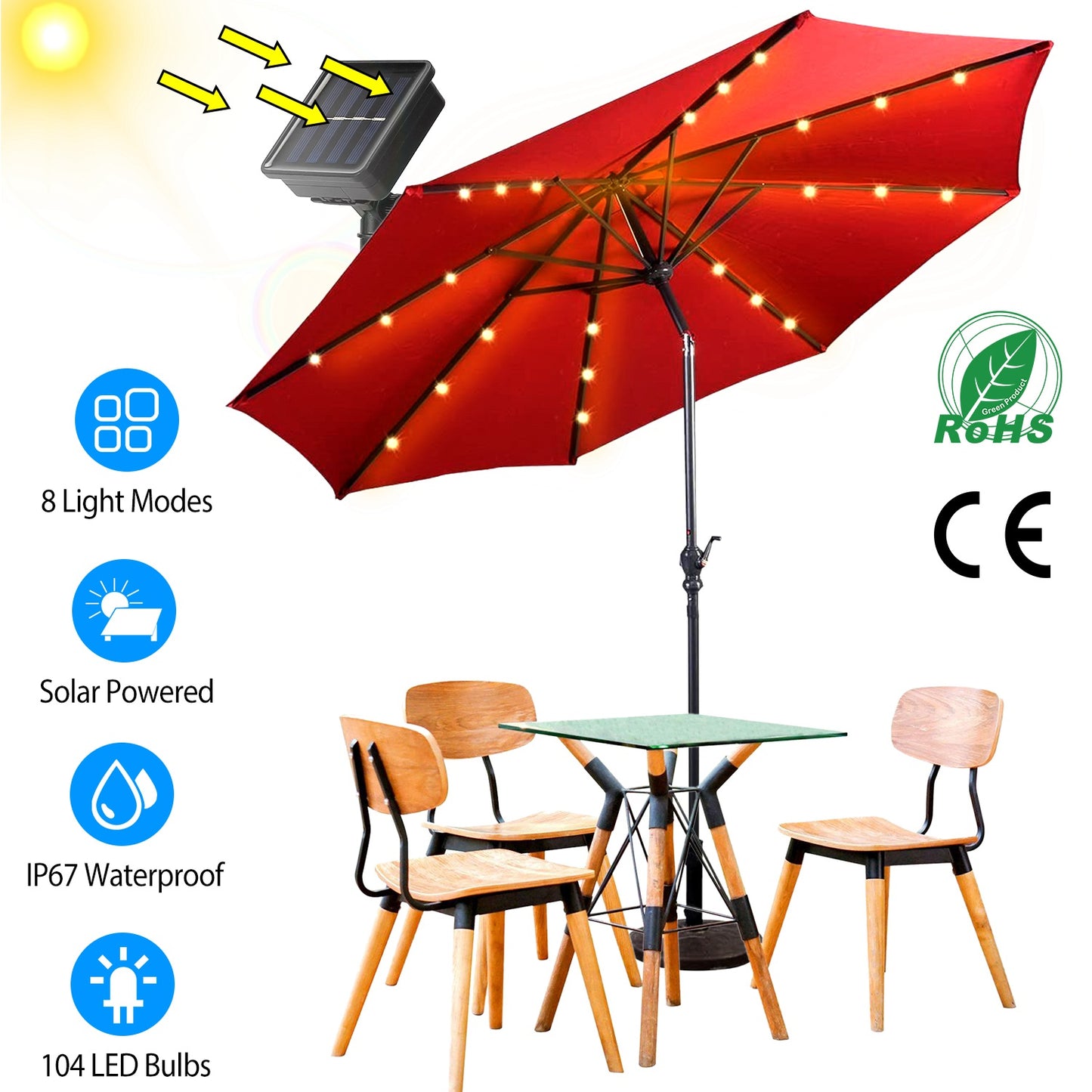 LJGelectro - Solar Umbrella Lights Outdoor Parasol String Light 8 Lighting Mode Waterproof 104 LED 8 Bundles Warm White for Patio Garden Outdoor