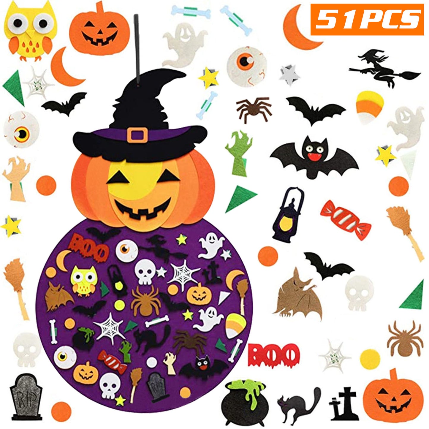 LJGelectro - 2.8FT Halloween Felt Pumpkin Witch 51Pcs Felt Pumpkin Witch Hanging Decor Ornaments Kits Halloween Gift for Toddlers