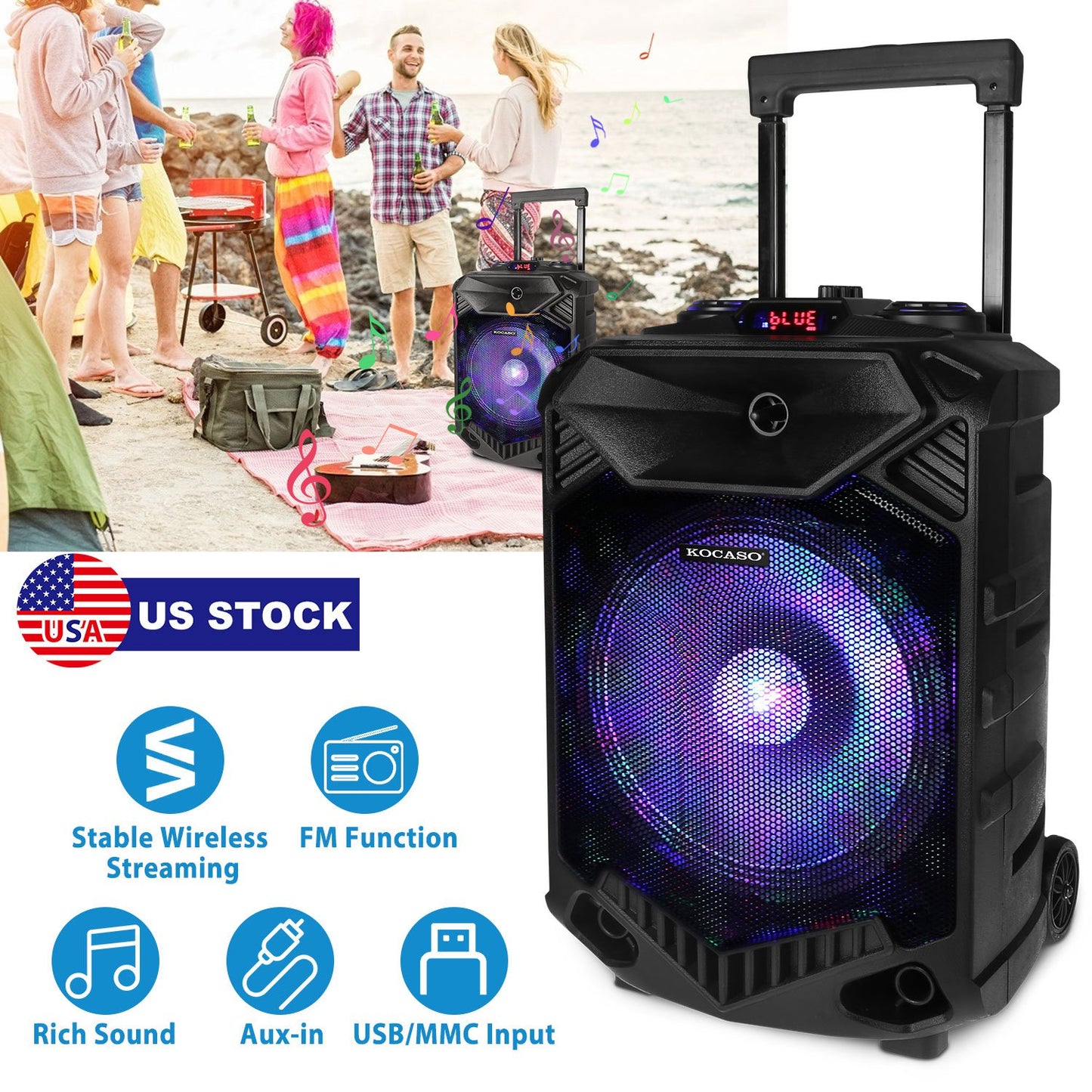 LJGelectro - Wireless Party Speaker 12in Woofer Bass Party Speaker w/ Cordless Microphone FM Radio USB Reading MMC Car Slot Aux-In Flashing LED Colorful Lights