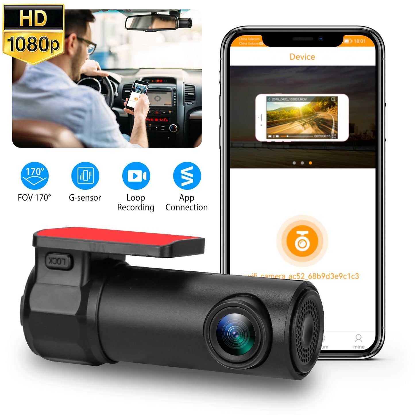 LJGelectro - 1080P Dash Cam Car Camera Recorder 170°HD Looping Recording G-sensor App Wifi Car DVR