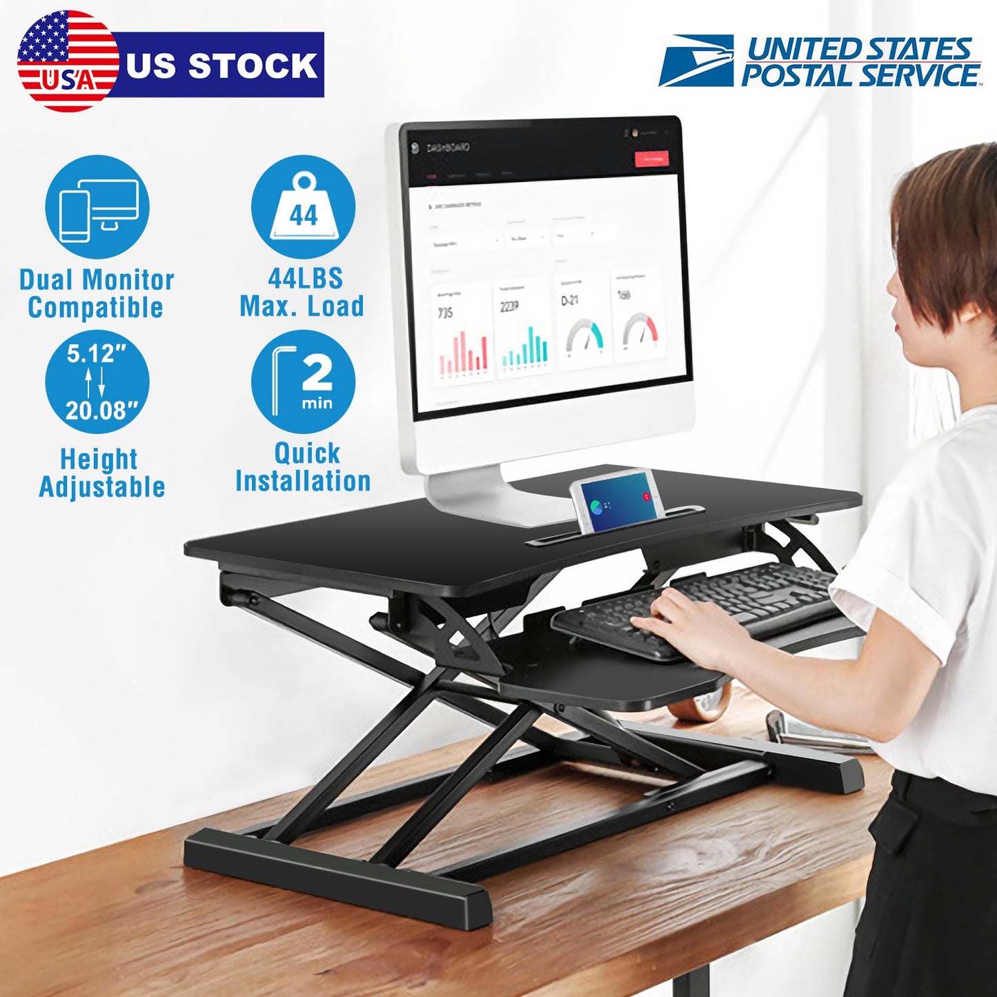 LJGelectro - Height Adjustable Standing Desk Converter Workstation Sit Stand Dual Monitor Laptop Desk Riser Tabletop