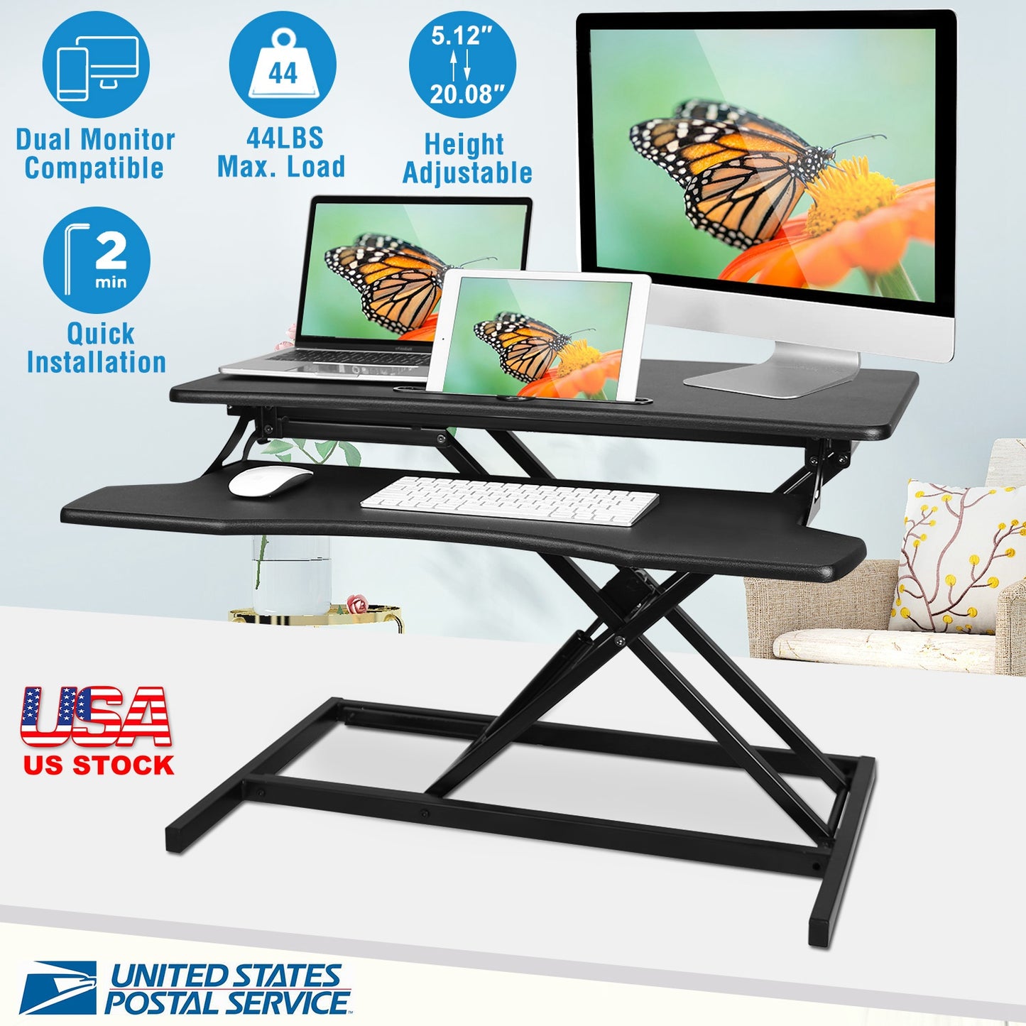 LJGelectro - Height Adjustable Standing Desk Converter Workstation Sit Stand Dual Monitor Laptop Desk Riser Tabletop