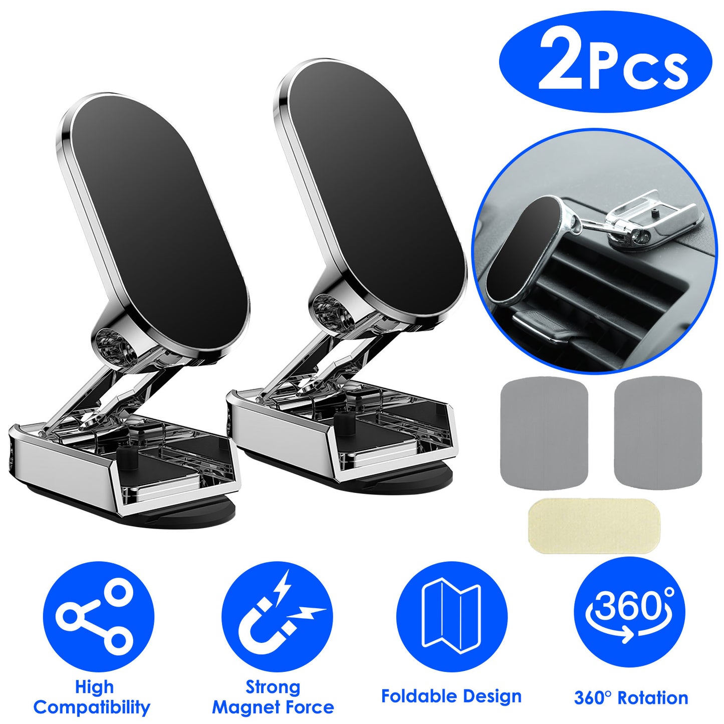 LJGelectro - 2 Pack Foldable Magnetic Car Phone Holder 360 Degree Adjustable Car Mount Hands Free Phone Holder Compatible with All Phones