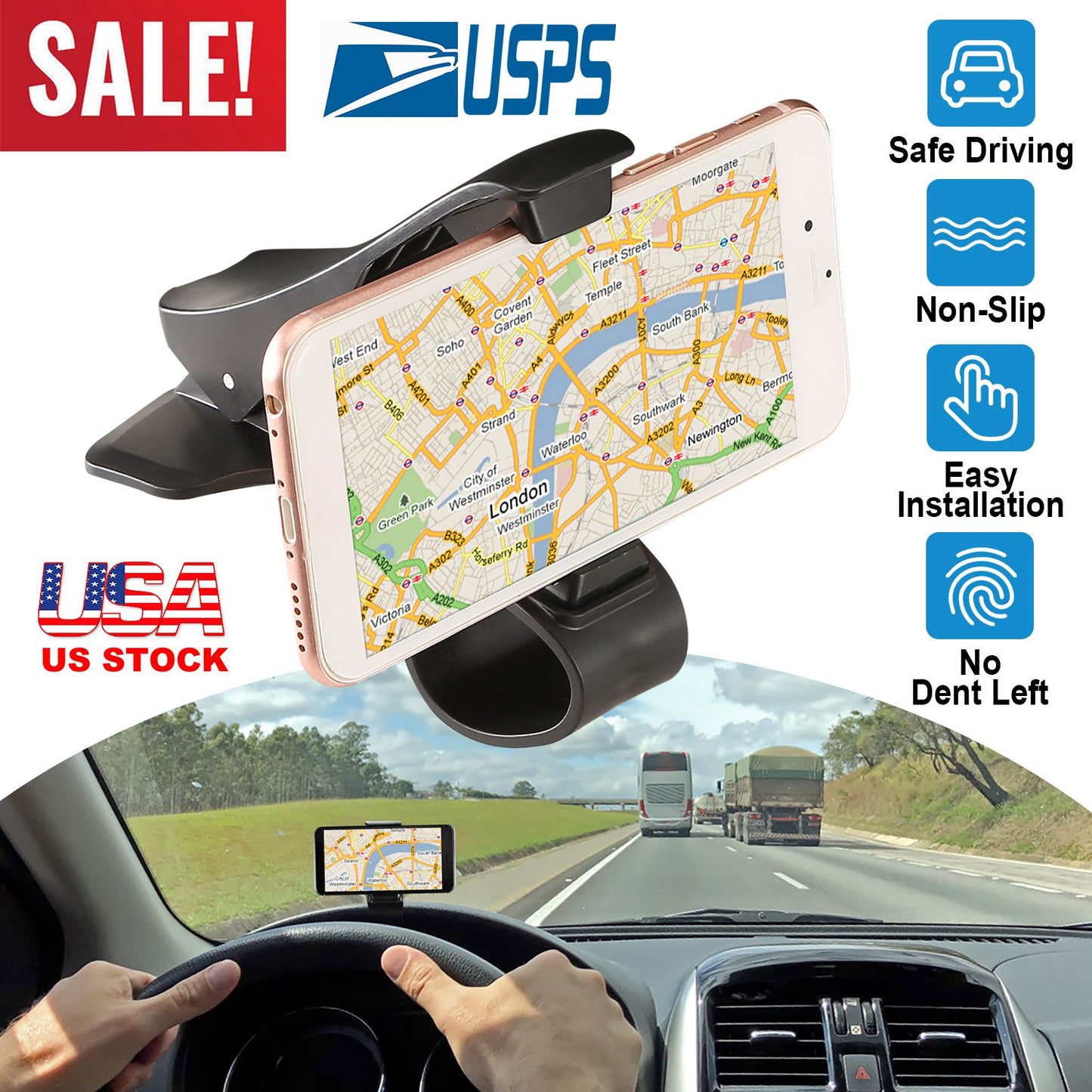 LJGelectro - Car Phone Mount Non-Slip Dashboard Phone Holder Adjustable Phone Car Cradle Clip for iPhone XS XS Max XR Galaxy S10 S9 S8 LG GPS Device