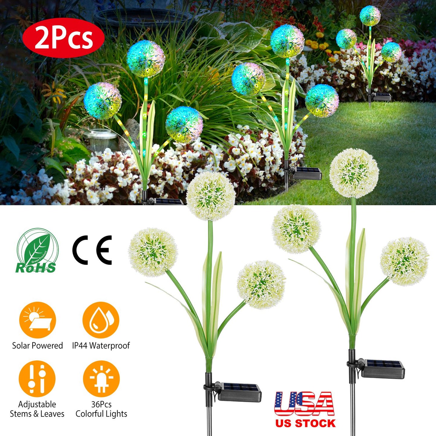 LJGelectro - 2 Pcs Dandelion Solar Light 36LED Beads Outdoor Garden Lawn Pathway Landscape Stake Lamp Colorful Ornamental Light