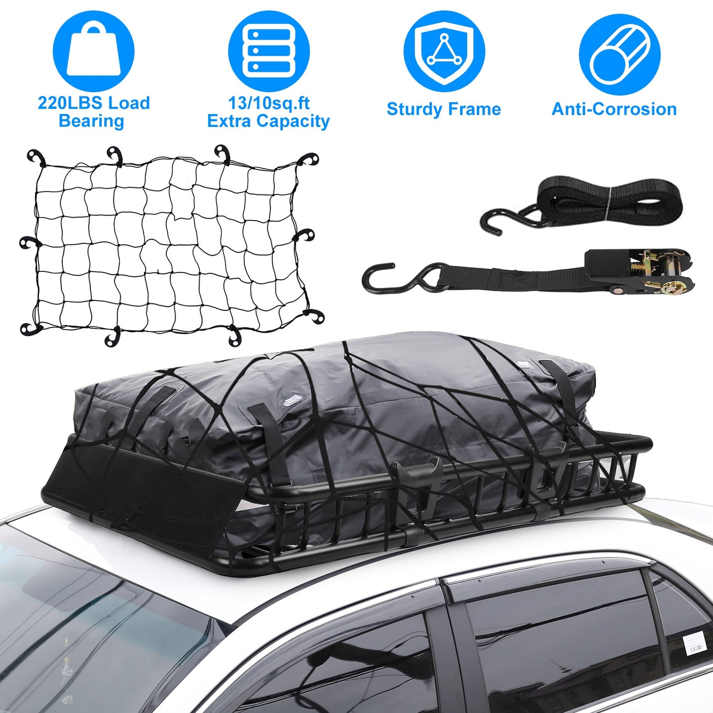 LJGelectro - 63x39x6.3in Universal Roof Rack Cargo Carrier Car Top Luggage Holder Basket with Hook Strap Elastic Net