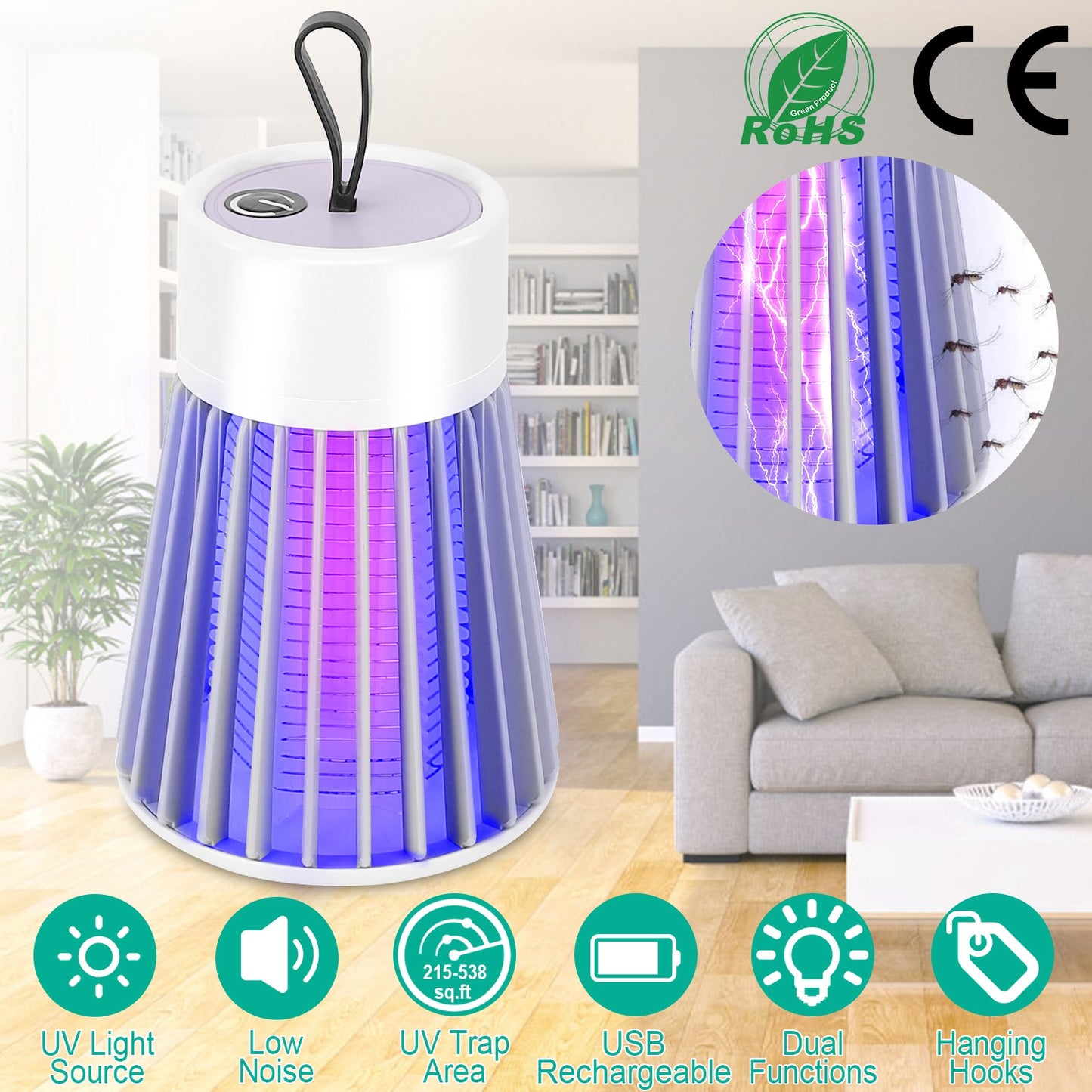 LJGelectro - Electric Bug Zapper Mosquito Insect Killer Lamp Portable LED Light Fly Trap Catcher w/ LED Light