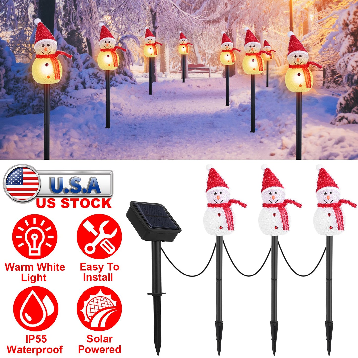 LJGelectro - 1Pc Solar Powered Lamp 3 Snowmen Outdoor Decorative Christmas Lamp Garden Stake Light IP55 Waterproof Santa Landscape Light Warm White LED Lighting Pa