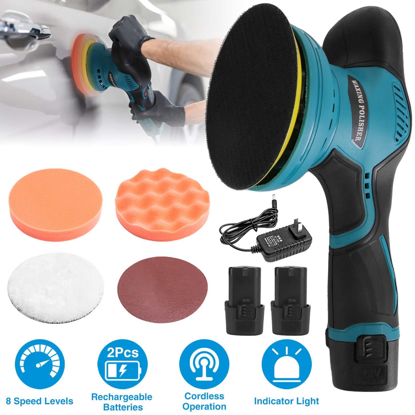 LJGelectro - Cordless Car Buffer Polisher with 2Pcs 1500mAh Rechargeable Batteries 8 Speed Levels Wireless Polishing Waxer Machine Kit for Car Detailing