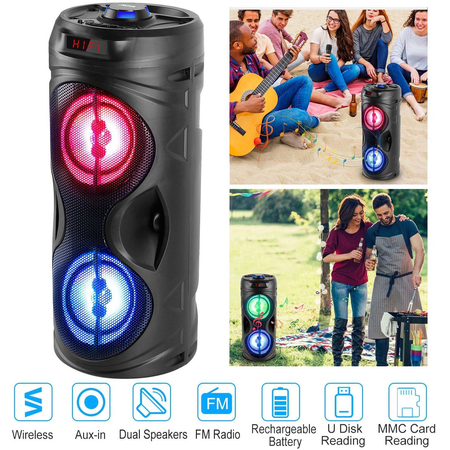 LJGelectro - Portable Wireless Party Speaker Karaoke Machine Wireless Speaker with LED DJ Light FM Radio Supports MMC Card/USB Microphone Aux-In for Party Home TV