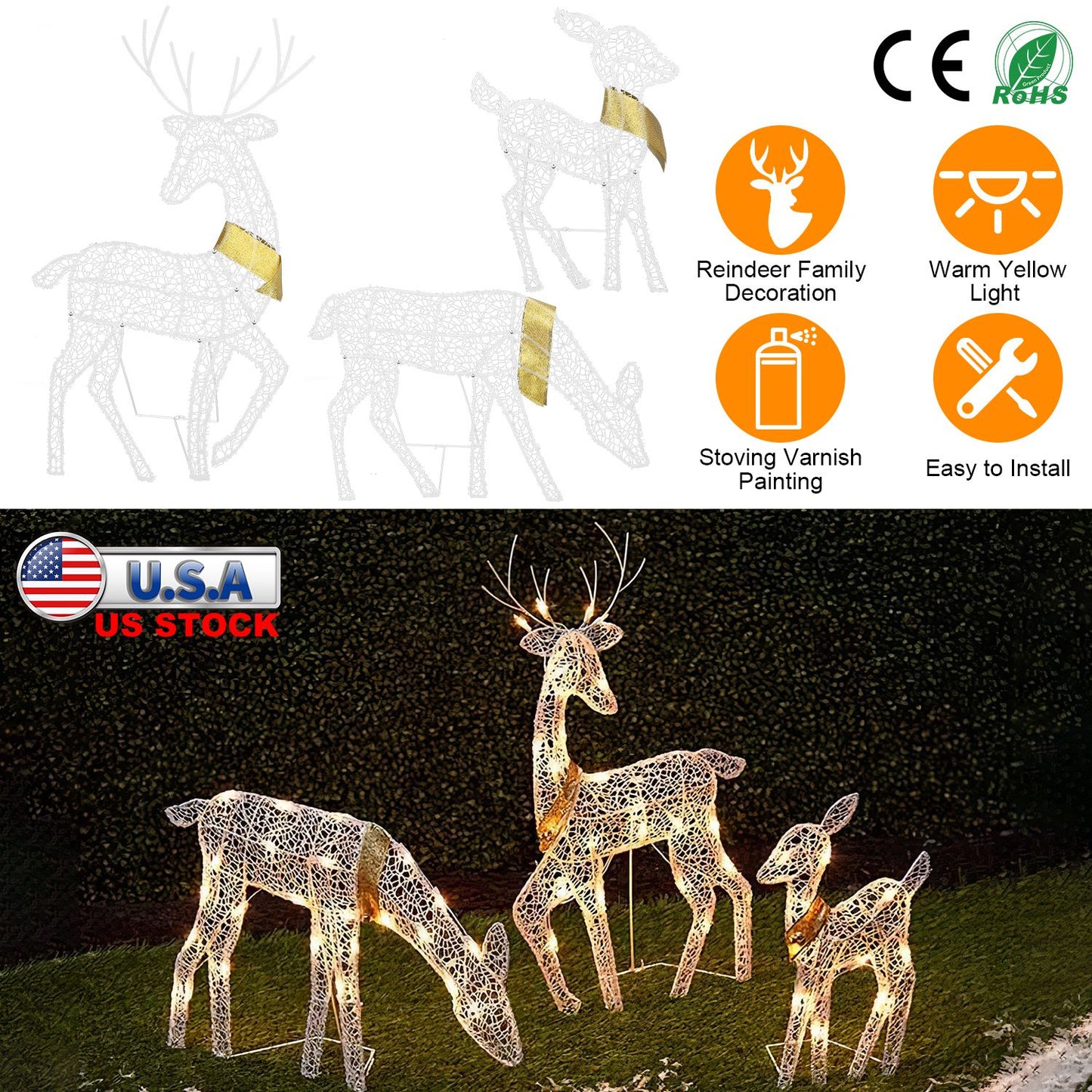 LJGelectro - 3 Sets of Reindeer Family Lighted 2D Christmas Deer Decoration Warm Yellow Light 3 Lighting Modes Buck Doe Fawn Indoor Outdoor Christmas Decoration