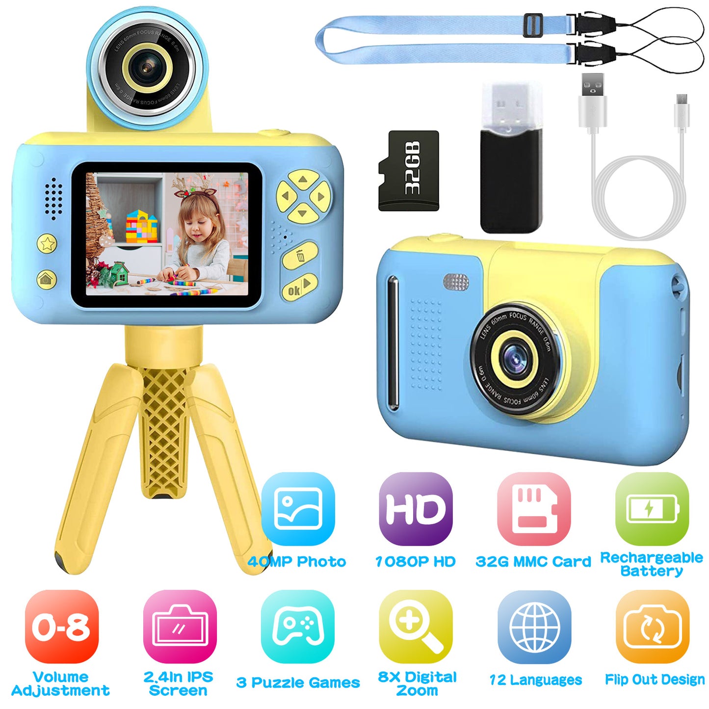 LJGelectro - Kids Digital Camera with Flip Lens Children Video Camcorder Christmas Toy Birthday Gifts with Tripod 2.4in Screen 32G MMC Card for 3-10 Year Old Boys