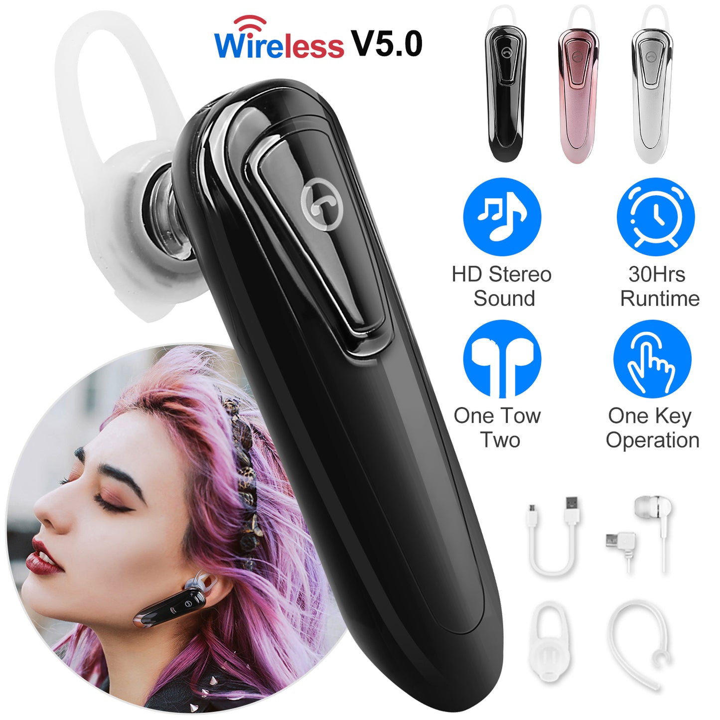 LJGelectro - Wireless V5.0 Neckband Headset Multipoint Noise Cancellation Earpiece 30Hrs Runtime Stereo Earphone For Driver Businessman Traveler