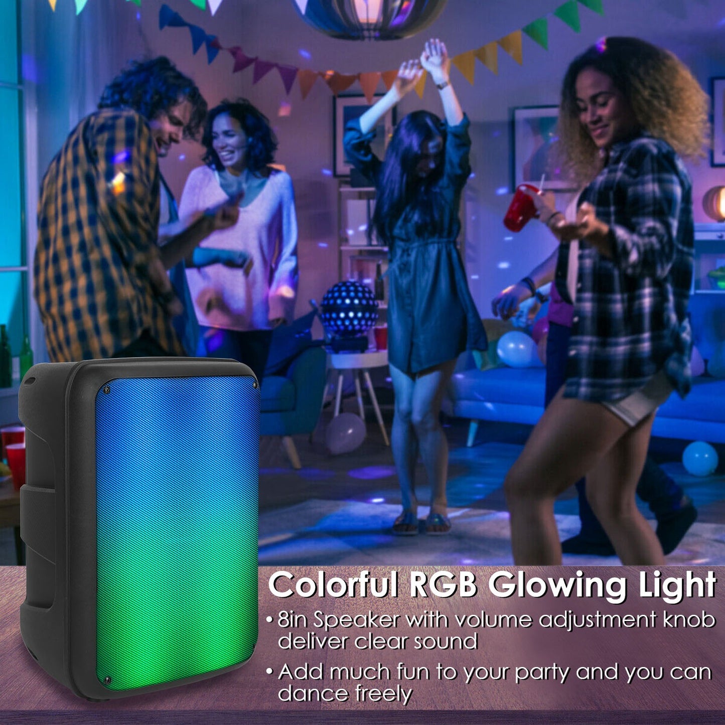 LJGelectro - Portable Wireless Party Speaker 8in Colorful Lights DJ PA System with TWS Function FM Radio USB MMC Card Reading Aux In Recording Function Mic