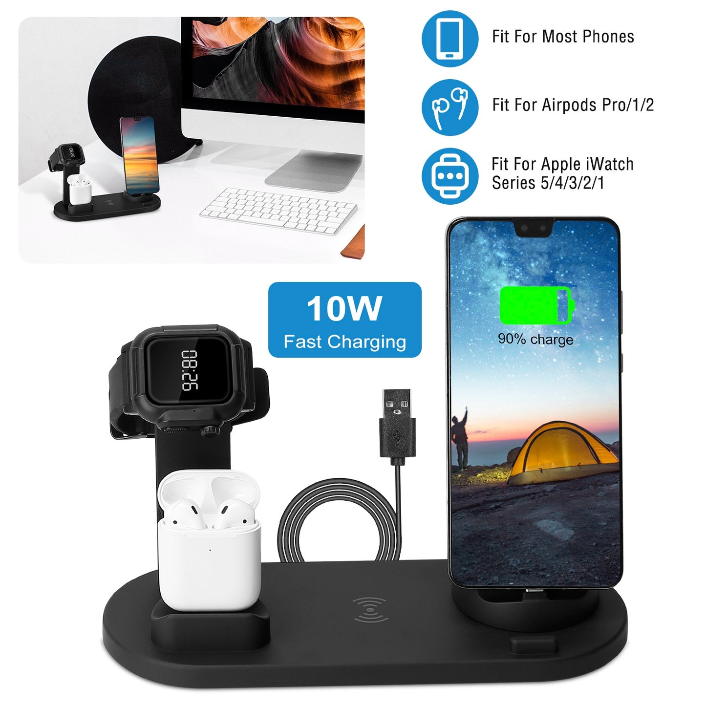 LJGelectro - Wireless Charger Dock 4 in 1 10W Fast Charging Station For iPhone Apple iWatch Series 5/4/3/2/1 AirPods Fit for iPhone 11/11Pro/XS/XR/MAX/X/8 Plus/8 S