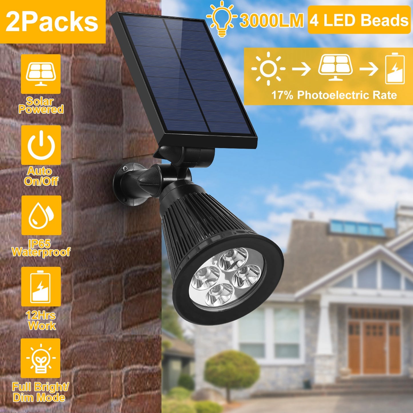 LJGelectro - 2Pcs Solar Spotlight Outdoor Dusk To Dawn Light Wall Path Lawn Garden Lamp Waterproof