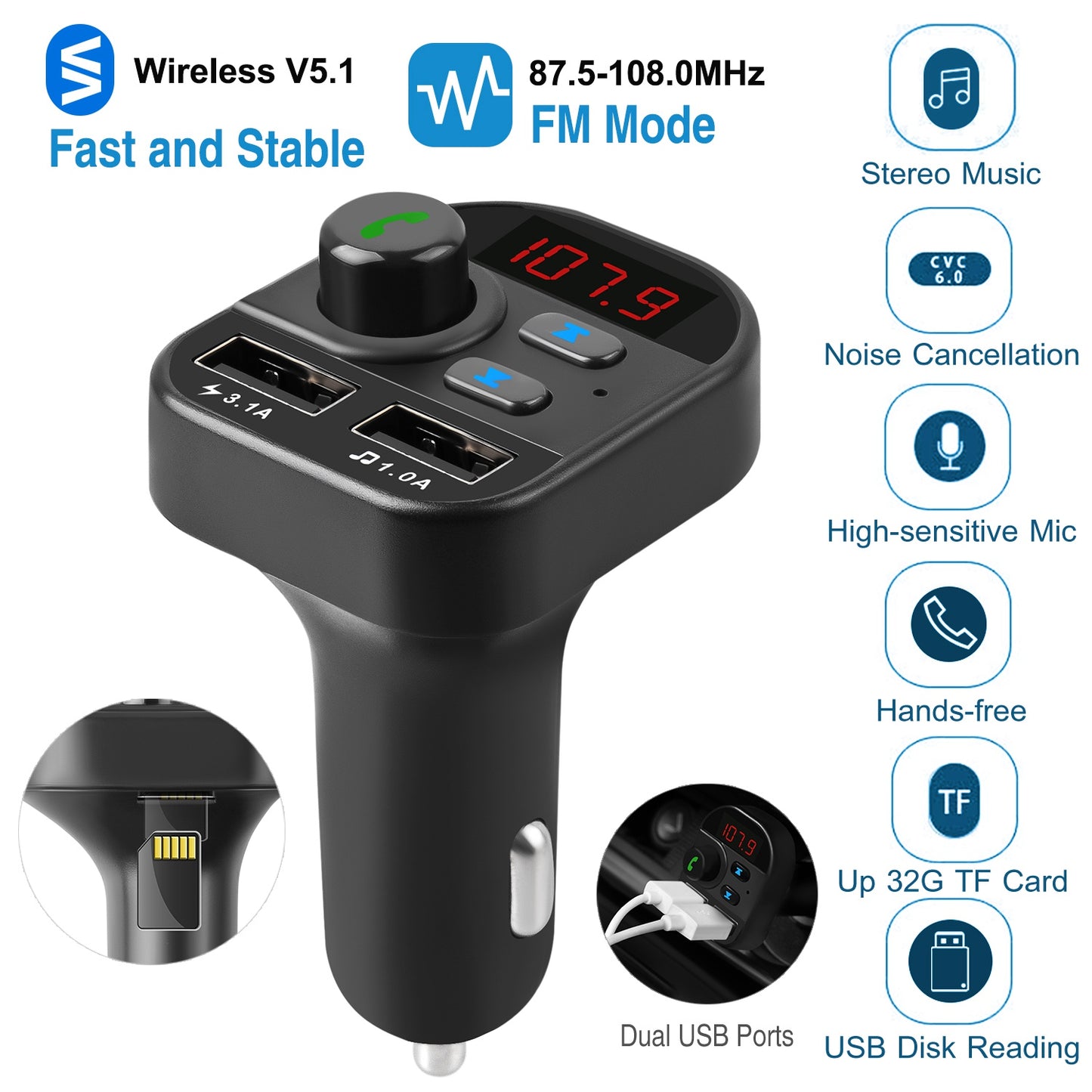 LJGelectro - Car Wireless V5.1 FM Transmitter Dual USB Charge Hands-free Call Car MP3 Player TF Card USB Disk Reading