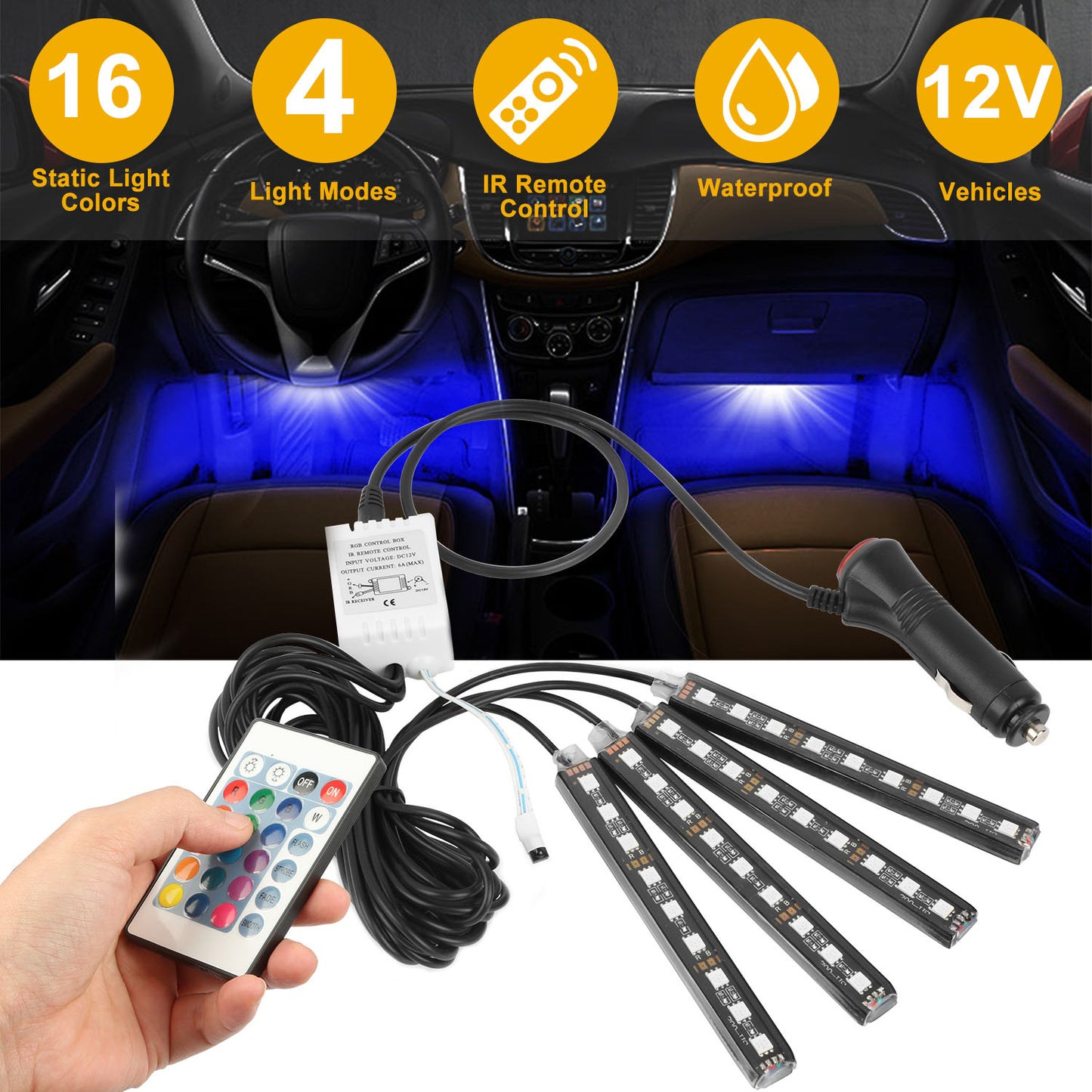 LJGelectro - 4PCS 36LEDs 12V Car Atmosphere Light Strip IP65 Colorful RGB LED Neon Lights IR Remote