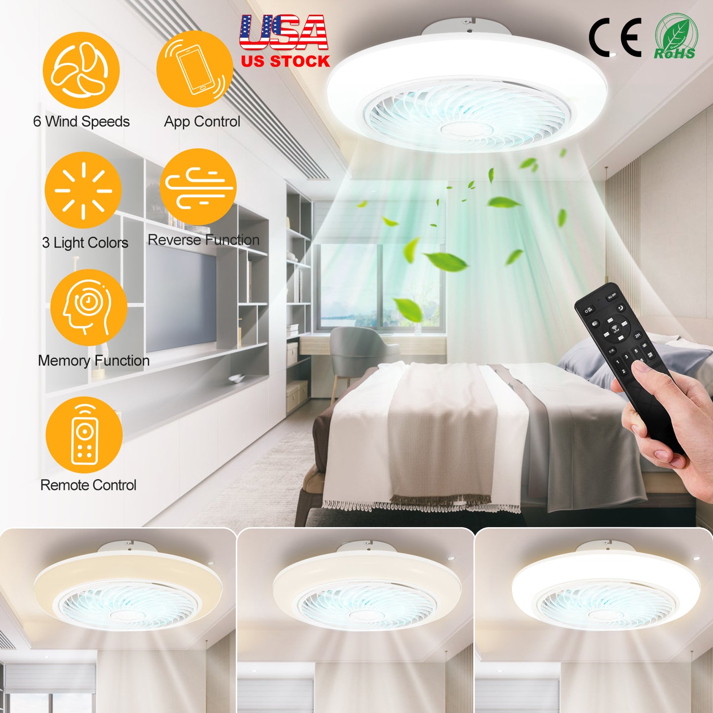 LJGelectro - 17.71in LED Ceiling Fan with Light Round Pendant Fan Lamp Low Profile Fan Light with 6 Fan Speed 3 Colors Remote Control APP Control Timer Function