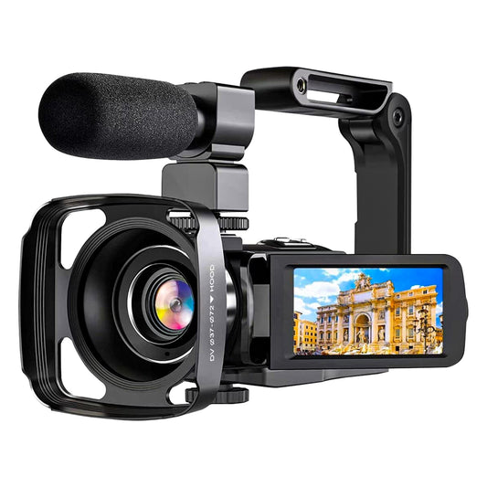 LJGelectro - 2.7K Camcorder 48MP 18X Zoom Digital Video Camera Rechargeable Vlogging Camera with Microphone Lens Hood 3in 270° Rotating Screen Fill Light Remote Co