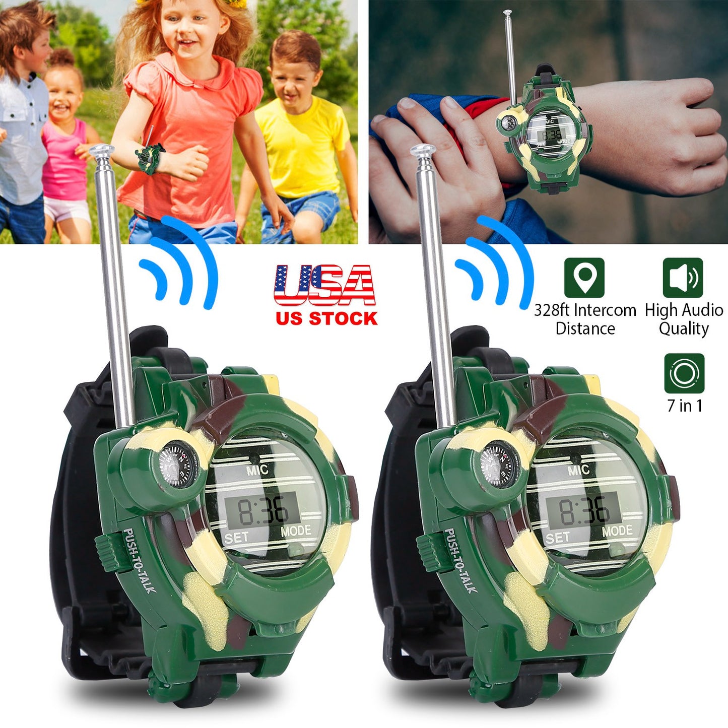 LJGelectro - 2Pcs Walkie Talkies Watches Toy 7 in 1 Two-Way Interphone Kids Wrist Watch w/ Flashlight Christmas Gift for Boys Girls Age 6+