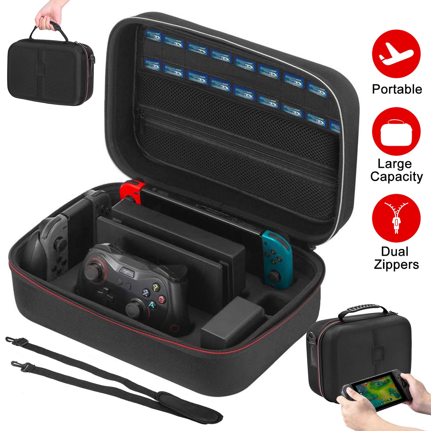 LJGelectro - Portable Deluxe Carrying Case for Nintendo Switch Protected Travel Case w/ Rubberized Handle Shoulder Strap