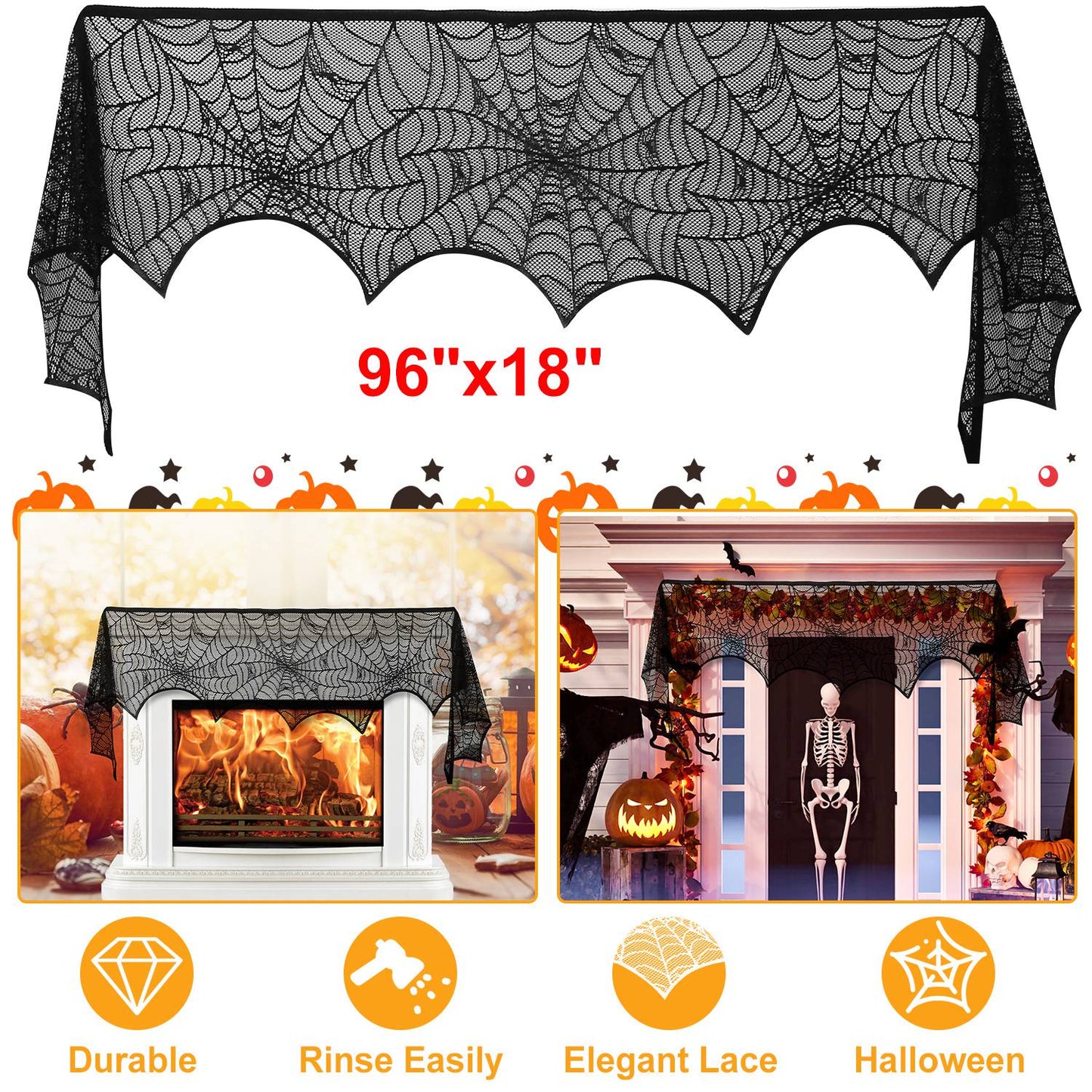 LJGelectro - Halloween Decoration Black Lace Spiderweb Fireplace Mantle Scarf Cover Festive Party Supplies Fireplace Scarf 96 x 18 inch for Halloween Christmas Par