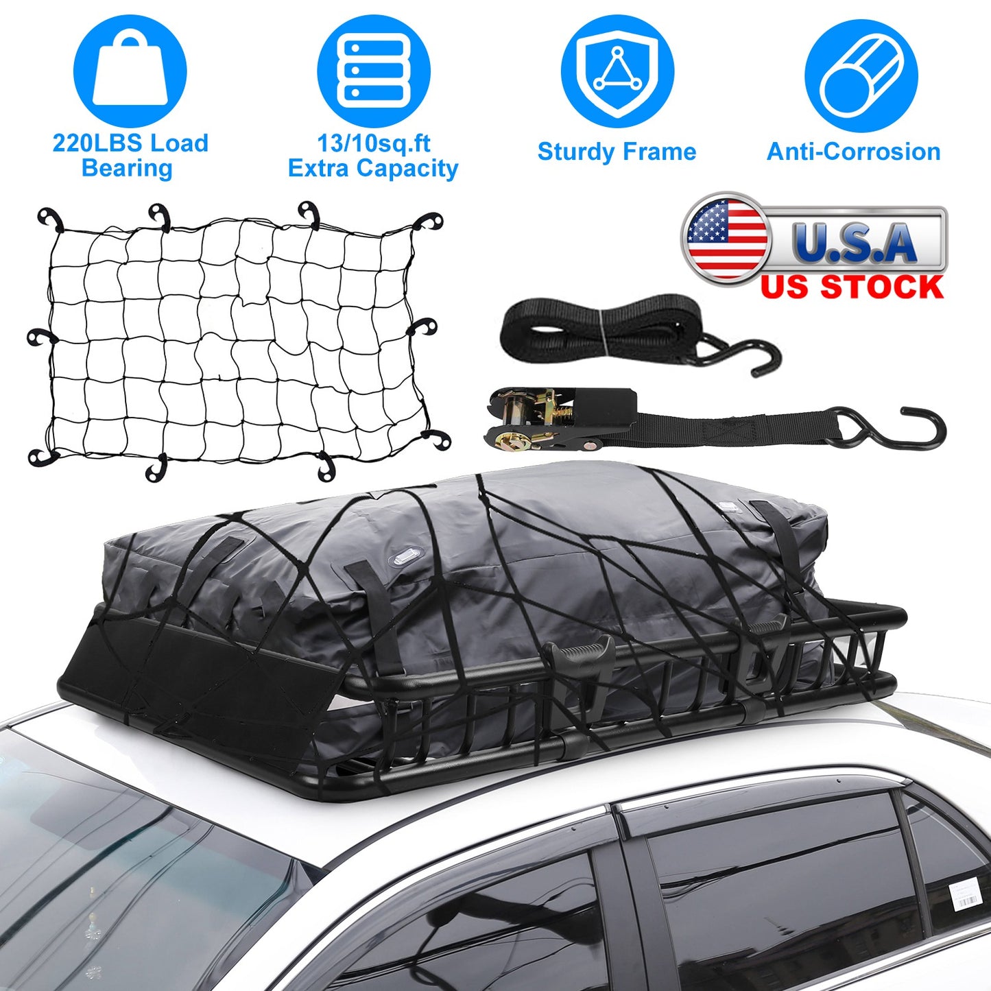 LJGelectro - 63x39x6.3in Universal Roof Rack Cargo Carrier Car Top Luggage Holder Basket with Hook Strap Elastic Net