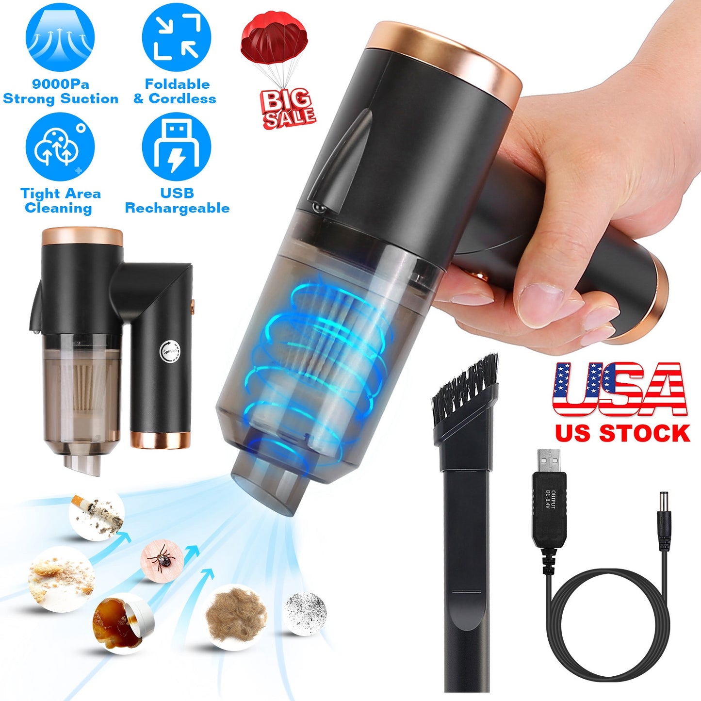 LJGelectro - 120W 9000PA Cordless Handheld Vacuum Cleaner w/ Searchlight Portable Rechargeable Car Auto Home Duster