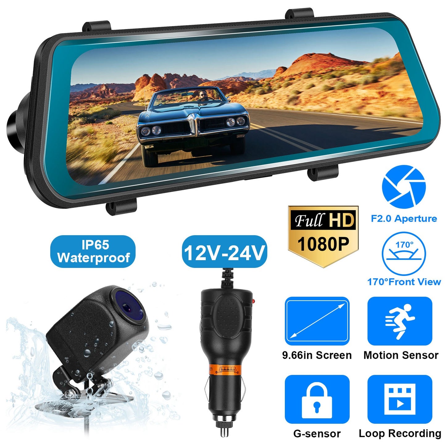 LJGelectro - FHD 1080P Car DVR Dash Camera 9.66In Vehicle Driving Recorder w/ G Sensor Parking Monitoring Seamless Recording