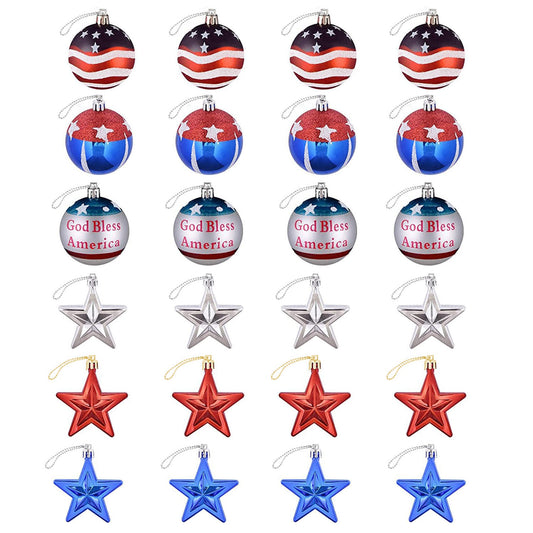 LJGelectro - 24Pcs Set Hanging Ornaments Ball Star Patriotic Festival Party Decor Independence Day 4th of July Christmas Tree Wall Indoor Outdoor Decoration