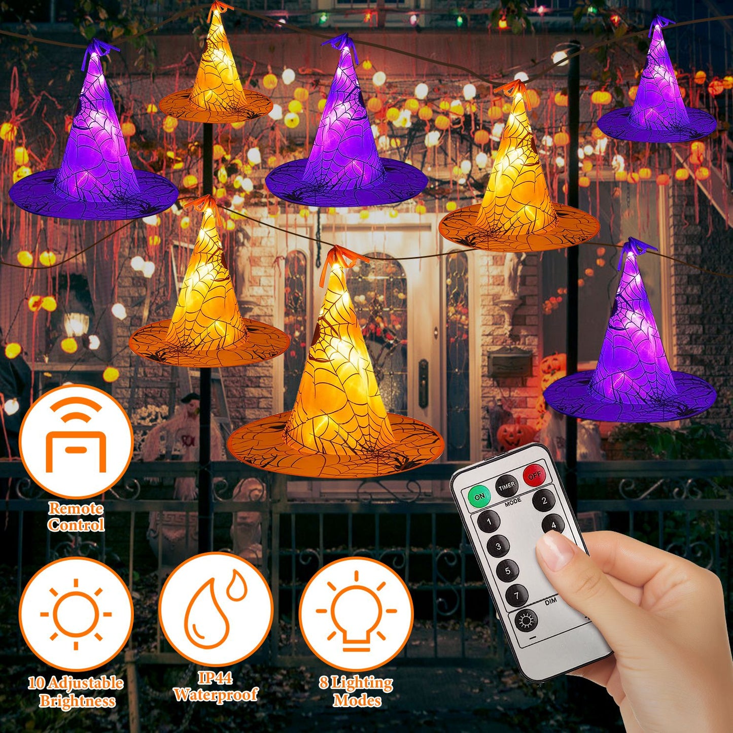 LJGelectro - 8 Pack 13FT Witch Hat Hanging String LED Light Halloween Decoration Battery Powered Remote Control 8 Lighting Modes Glowing Outdoor Indoor Halloween P