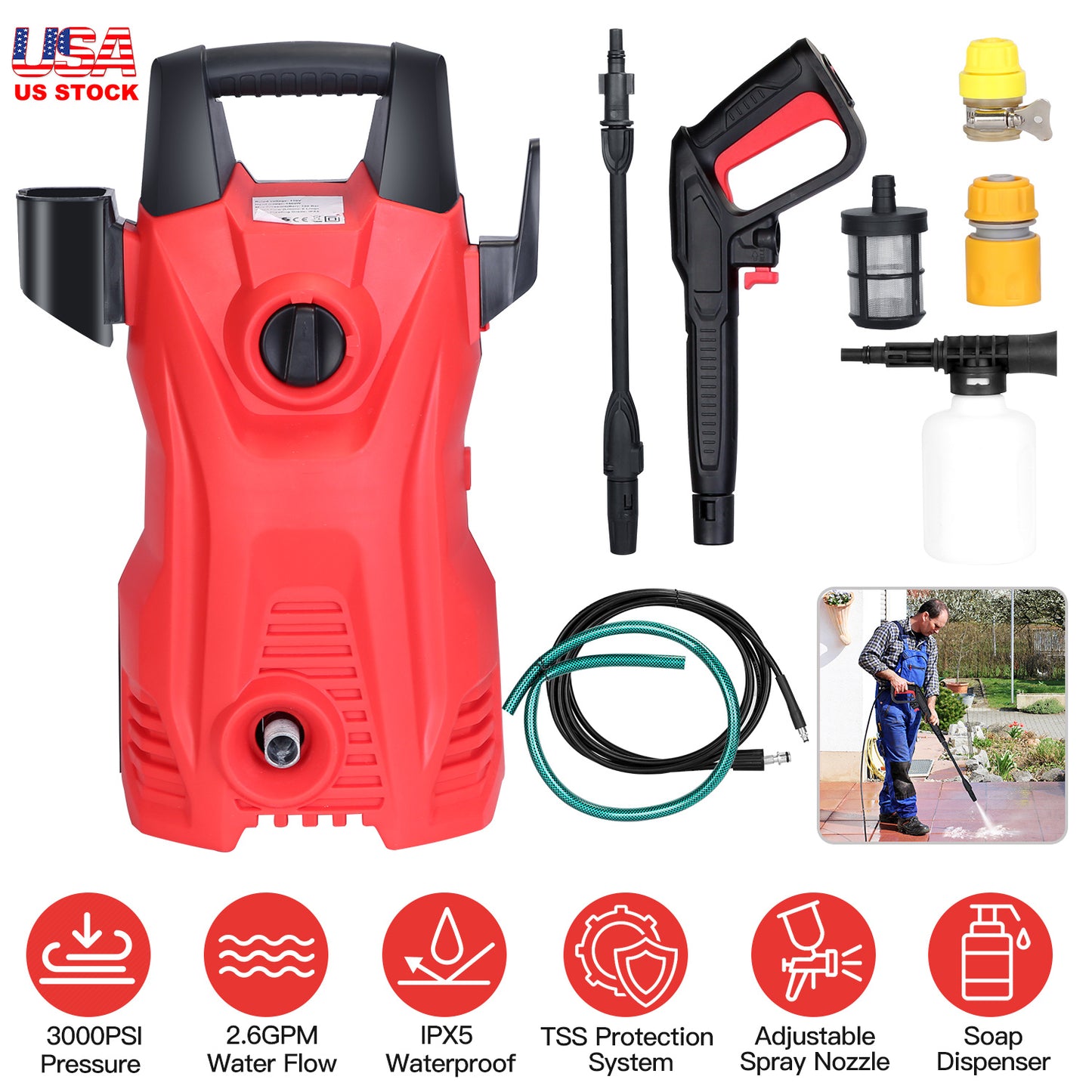 LJGelectro - Electric High Pressure Washer 3000PSI Max 2.6GPM Powerful Car Washer Pressure Cleaner with Adjustable Spray Nozzle Soap Dispenser IPX5 Waterproof for