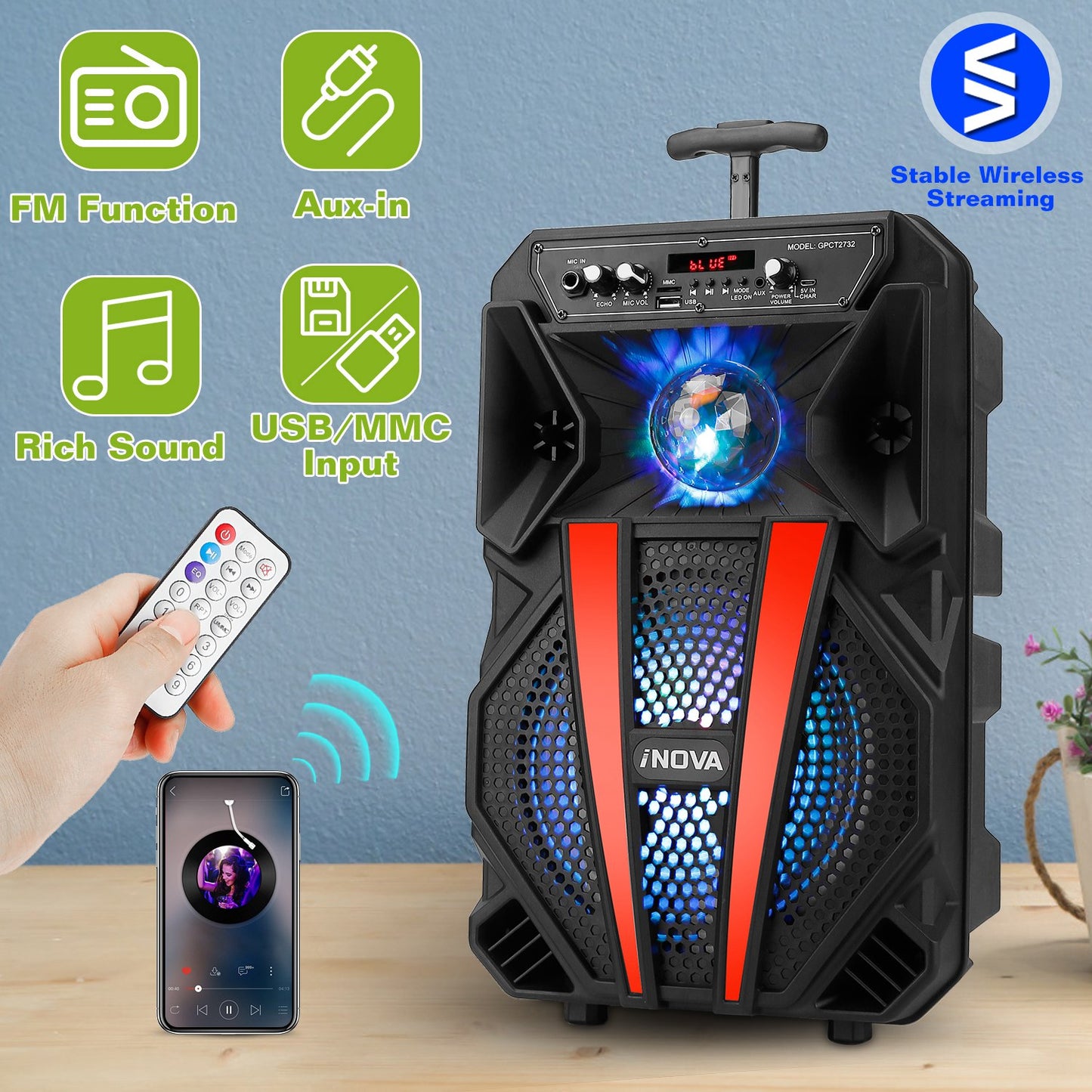 LJGelectro - 8” Wireless Party Speaker Subwoofer Bass Portable TWS Party Speaker w/ Microphone Support FM Radio Remote Control MMC Car Slot LED Colorful Lights