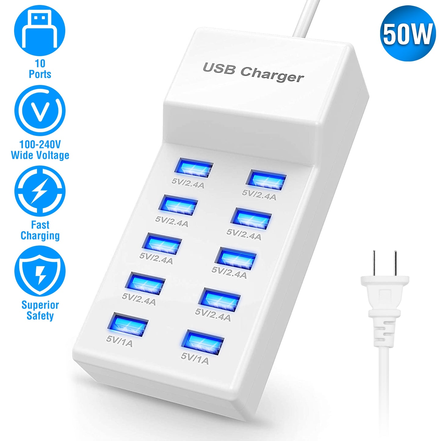 LJGelectro - 10 Ports USB Charging Station Hub 50W USB Wall Charger Fast Charging Power Adapter for Phone Tablet