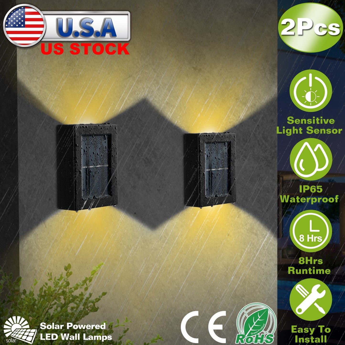 LJGelectro - 2Pcs Solar Deck Lights Outdoor 2LED Beads Waterproof Sensor Fence Stair Lamps For Patio Landscape Yard Warm White Lighting Color