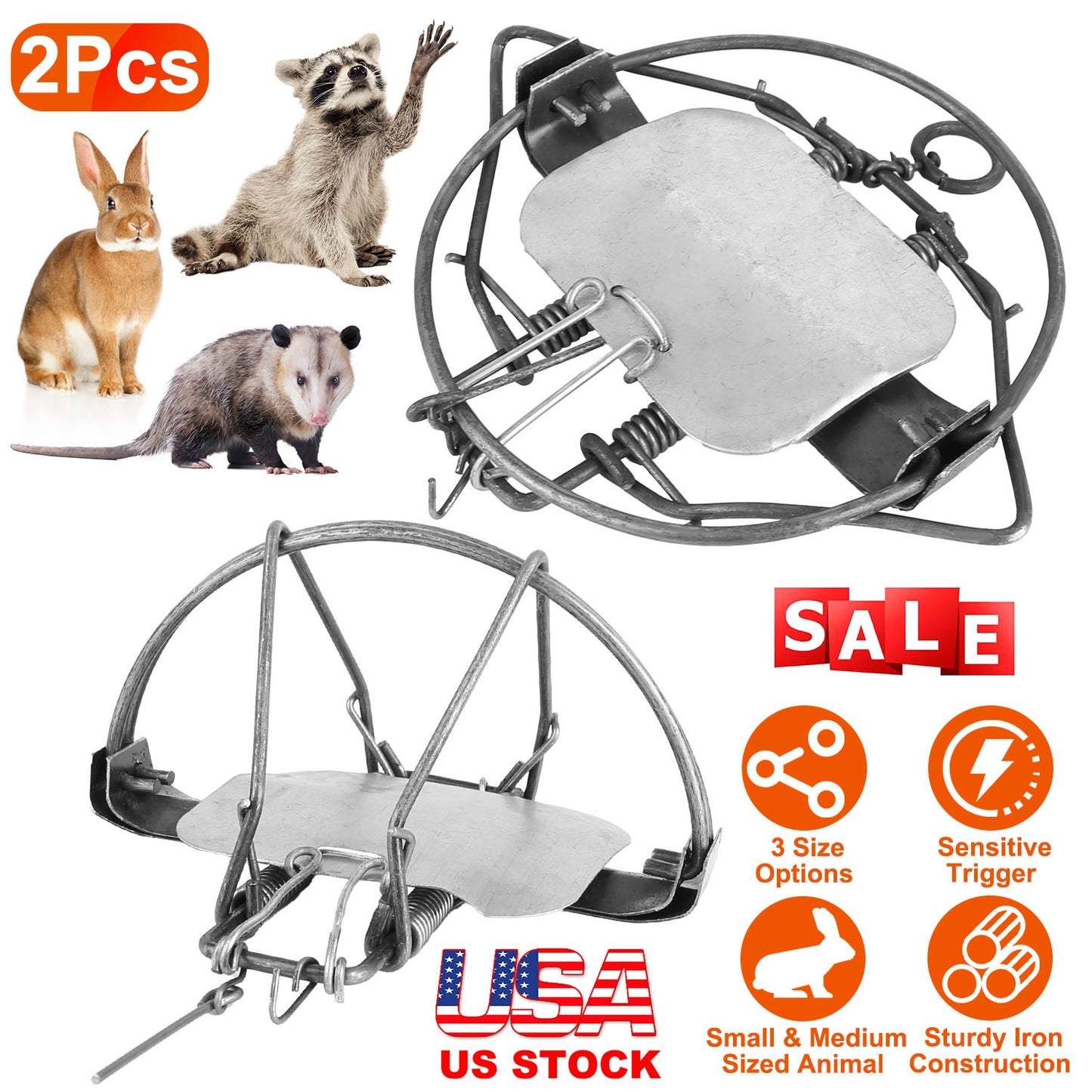 LJGelectro - 2Pcs Animal Spring Trap Sturdy Iron Animal Snap Trap 7In Powerful Reusable Fox Raccoon Rabbit Skunk Feral Small Medium Sized Animal Hunting Trap