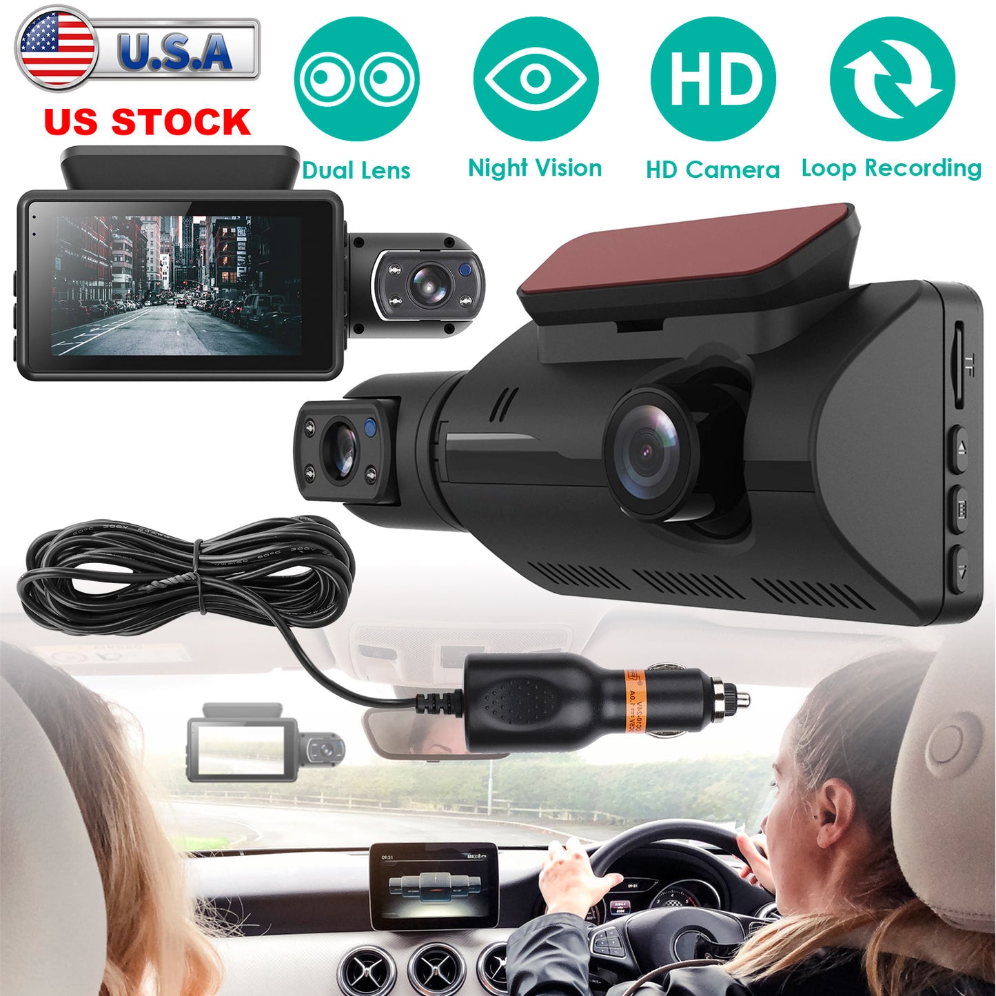 LJGelectro - Dual Lens Car DVR Dash Cam Video Recorder 720P Front Inside Camera Loop Recording Night Vision Driving Vehicle Recorder