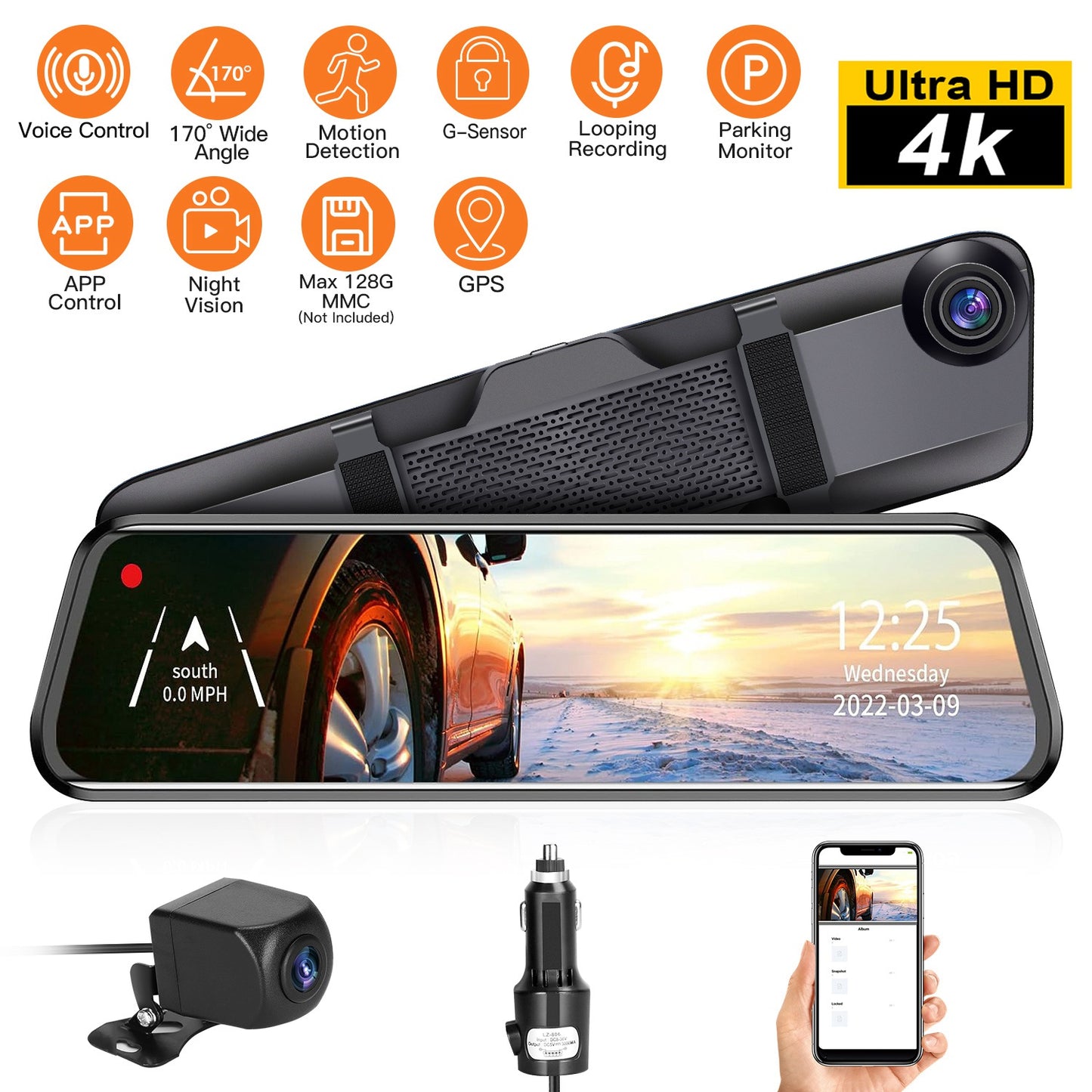 LJGelectro - 4K Car DVR 12in Dash Cam Camcorder Camera Recorder with 170° Angle Loop Recording Motion Detection Night Vision Voice Control APP Control G-sensor