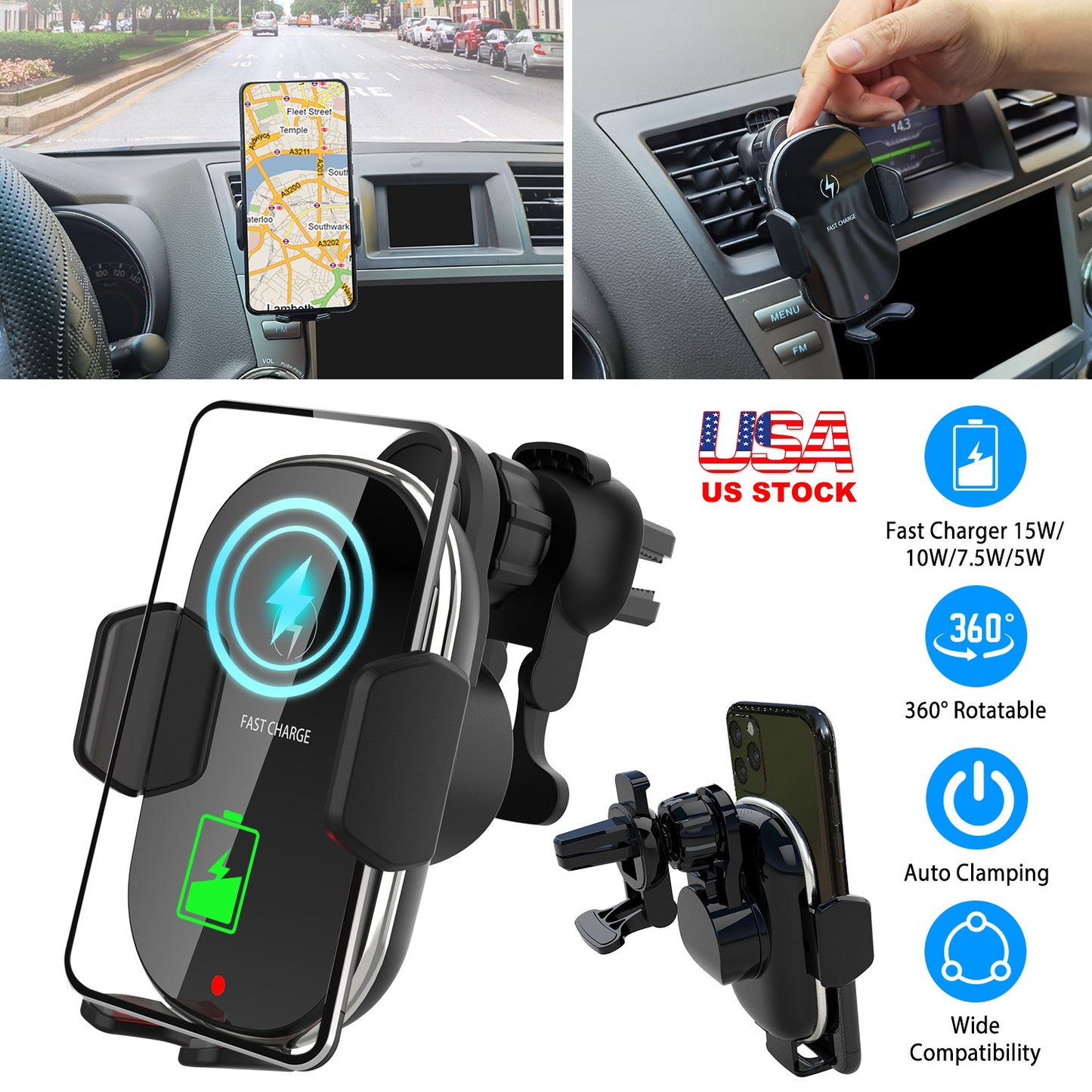 LJGelectro - Car Wireless Phone Charger Car Air Vent Phone Mount Holder Bracket Fast Charge 15W 10W 7.5W Automatic Clamping Fit for iPhone 13 13Pro Max 12 Pro Max