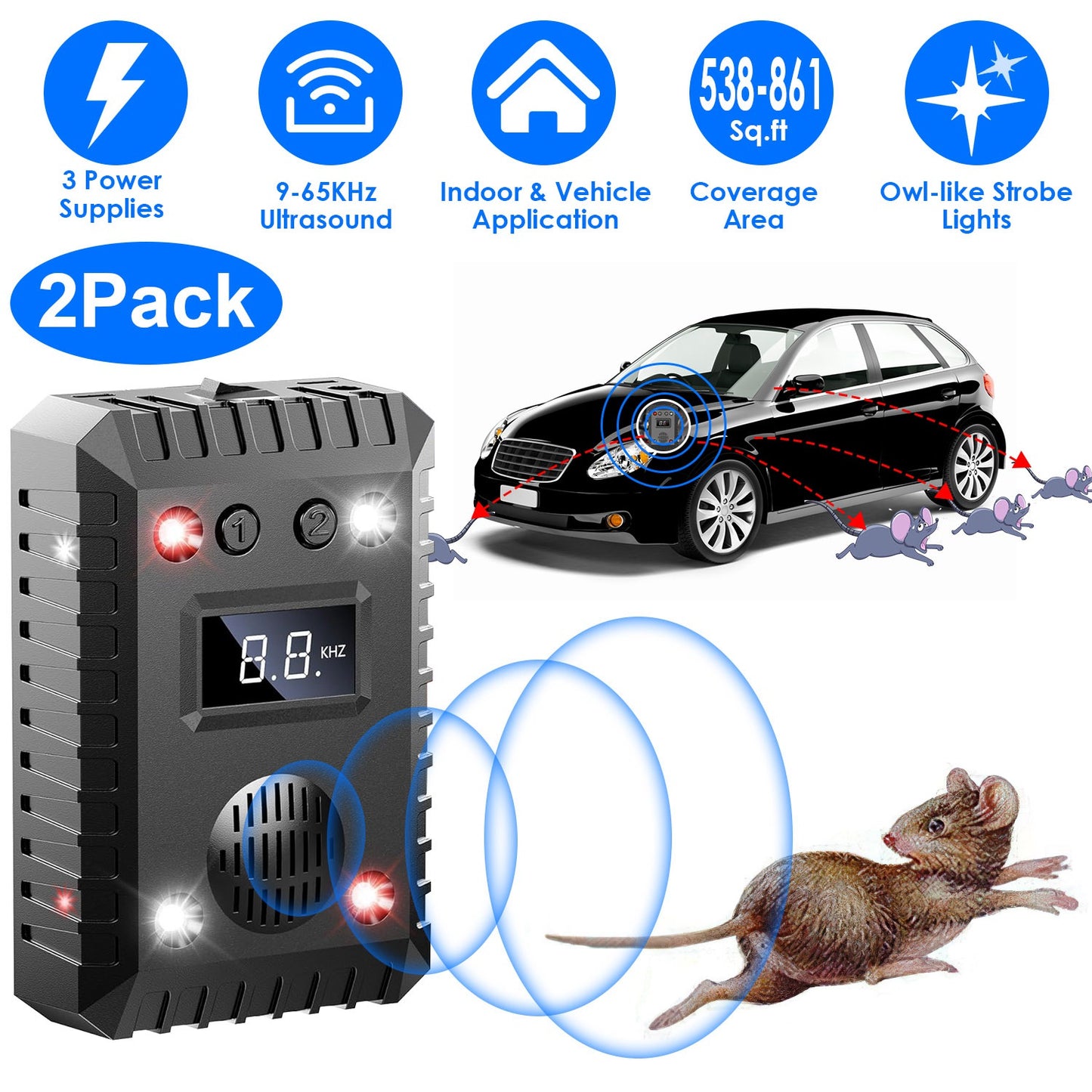 LJGelectro - 2 Pack Under Hood Ultrasonic Rodent Repeller Rodent Chaser for Vehicle Indoor Mouse Wildcat Control with 3 Power Supplies Strobe Light Alarm Sound for