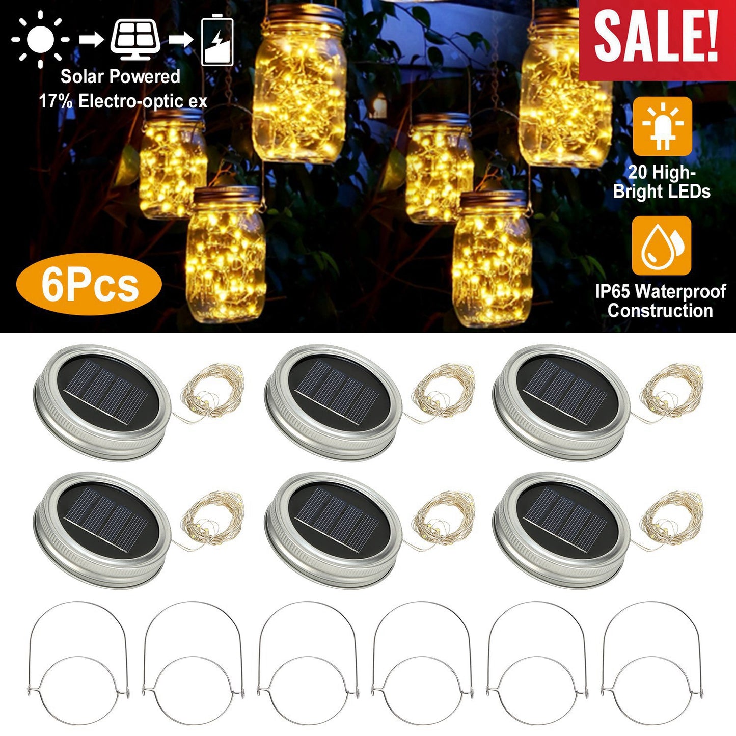 LJGelectro - 6 Pcs Solar Powered Mason Jar Lid Lights 20 LEDs Fairy String Lights Xmas Garden Decor