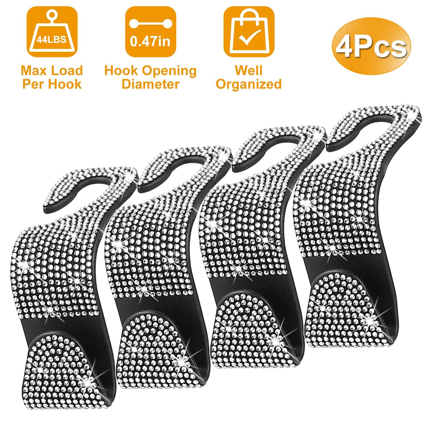 LJGelectro - 4Pcs Car Headrest Hooks Bling Rhinestones Back Seat Organizer Hanger Holder For Bag Purse Cloth Grocery Umbrellas