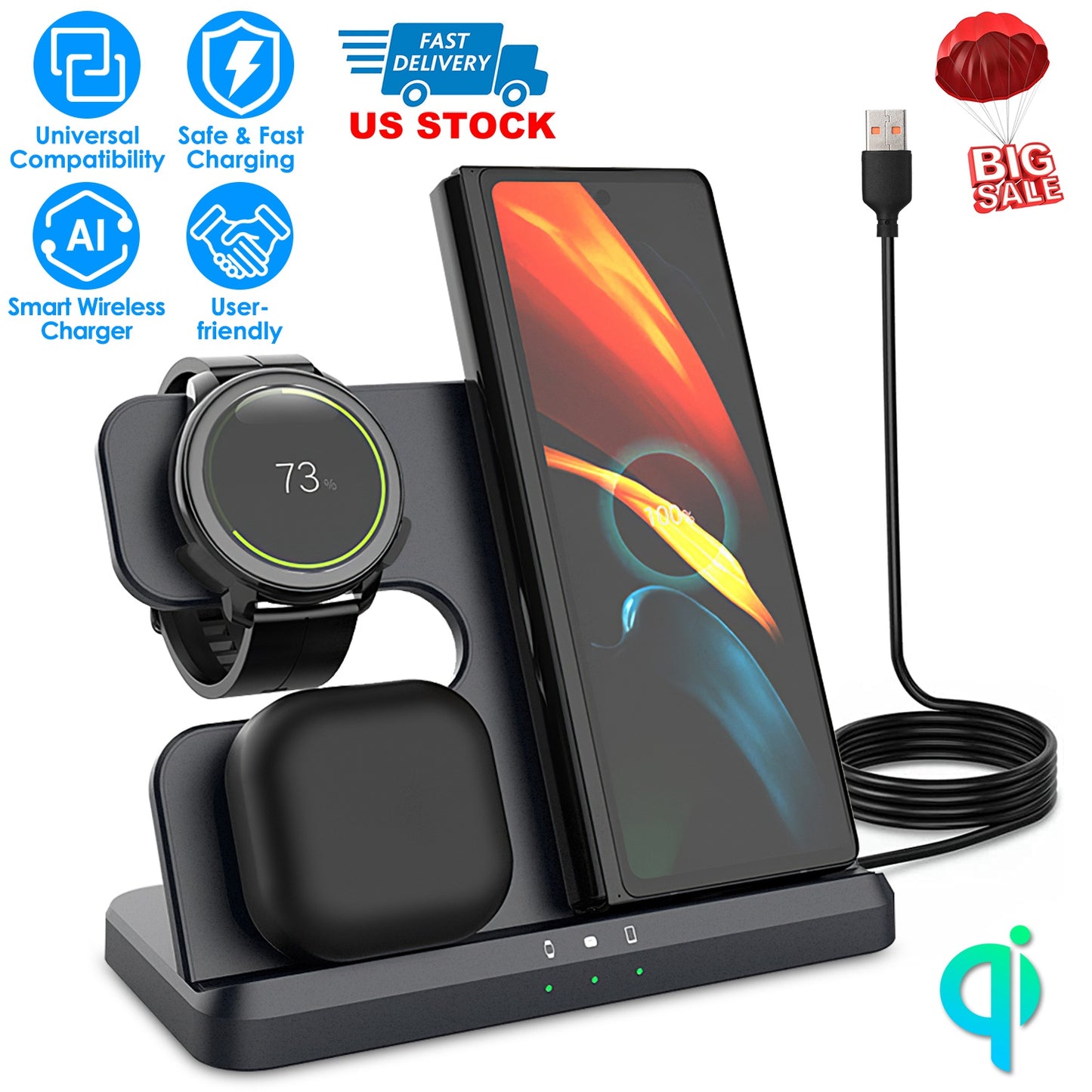 LJGelectro - 3 In 1 Fast Wireless Charger for Qi-enabled Phones Earphones Watches Wireless Charging Station Fit for IOS Phone 13 12 Pro Pro Max Mini iWatch S7 S6 S