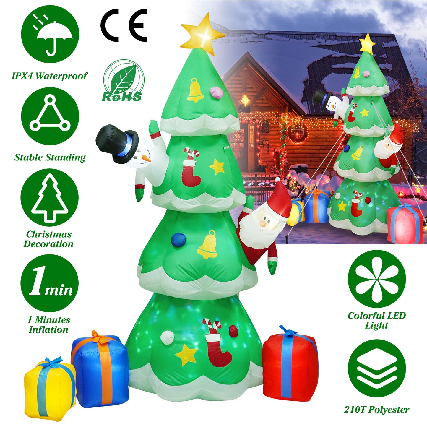 LJGelectro - 6.89FT Christmas Inflatable Outdoor Decoration with Christmas Tree Gift Box Santa Claus Blow Up Yard Decoration with LED Light Built-in Air Blower for