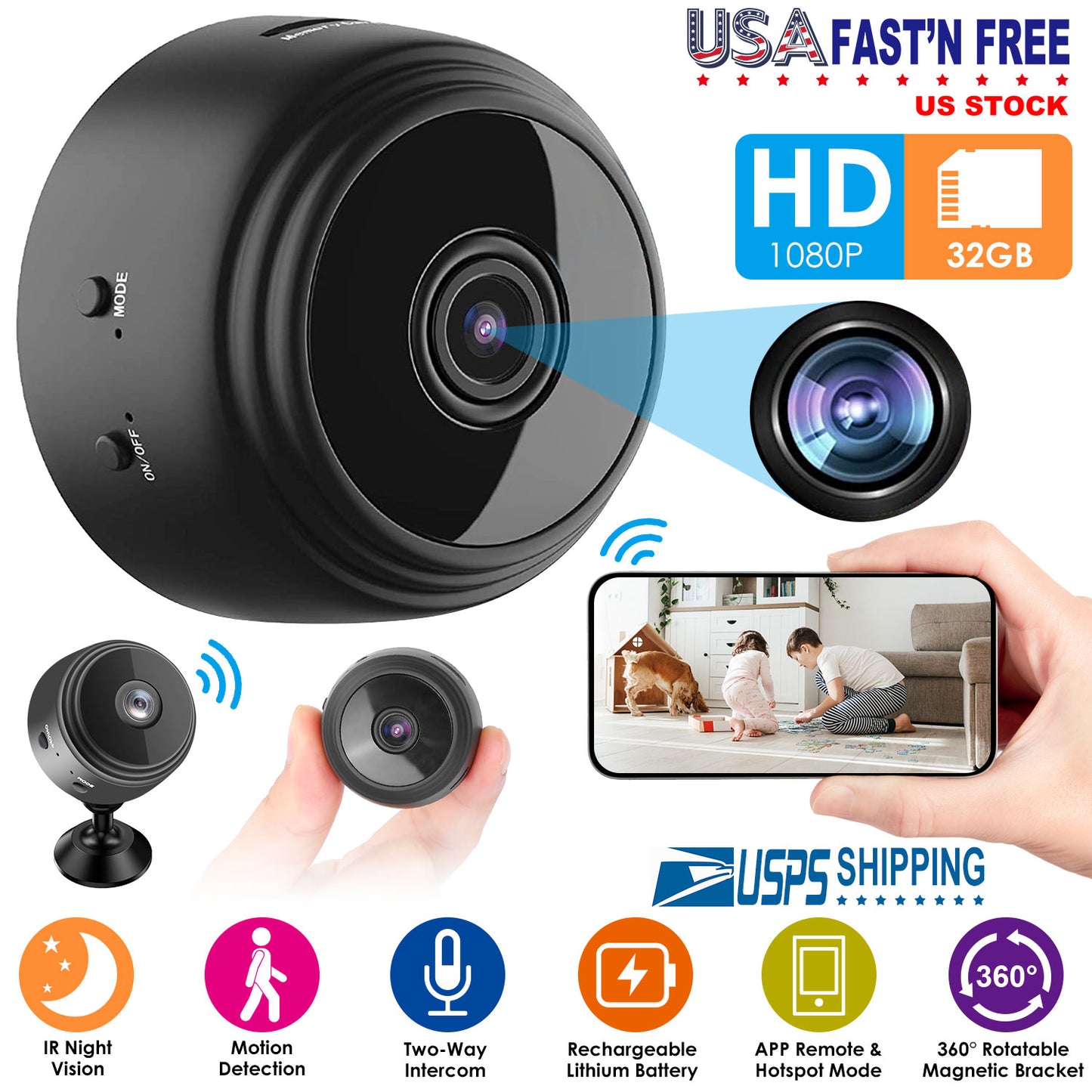 LJGelectro - Mini Camera Wireless Wifi IP Home Security Cam 1080P Full HD Surveillance Camera Nanny Cam w/ 32G MMC Card